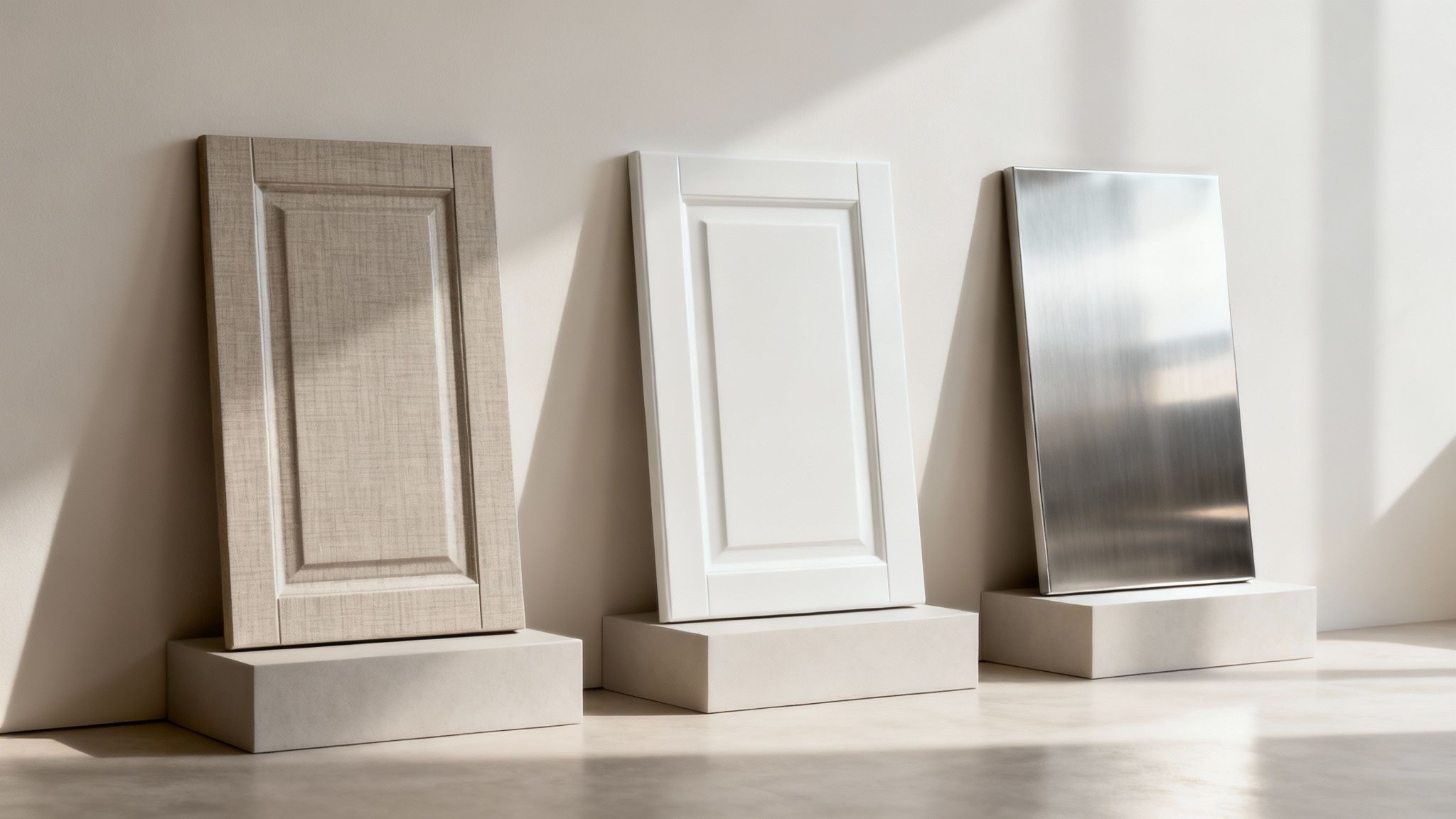 A sleek kitchen featuring modern, flat-panel cabinets in a light gray laminate finish.