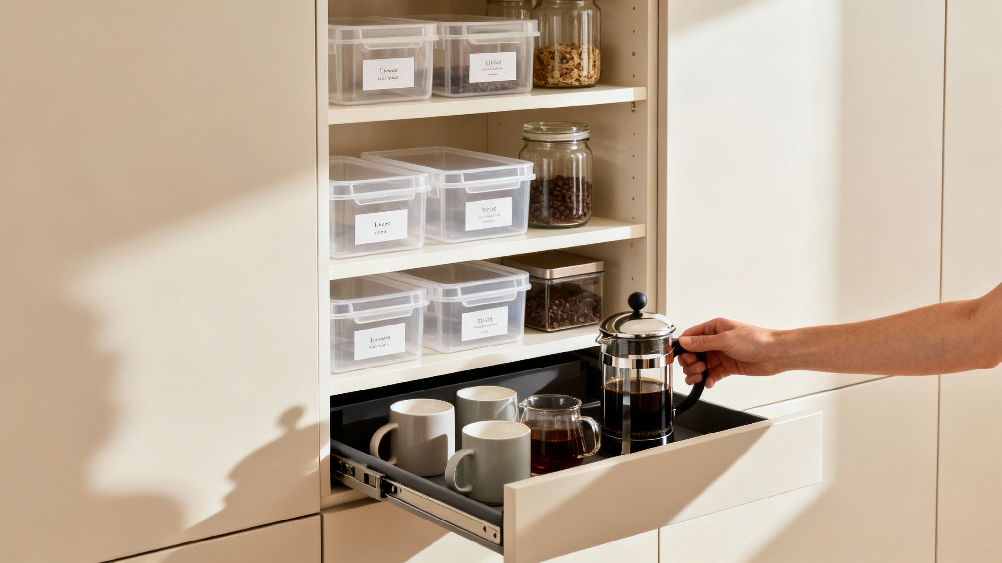 Hand pulling a drawer with coffee and mugs from a well-organized kitchen cabinet.