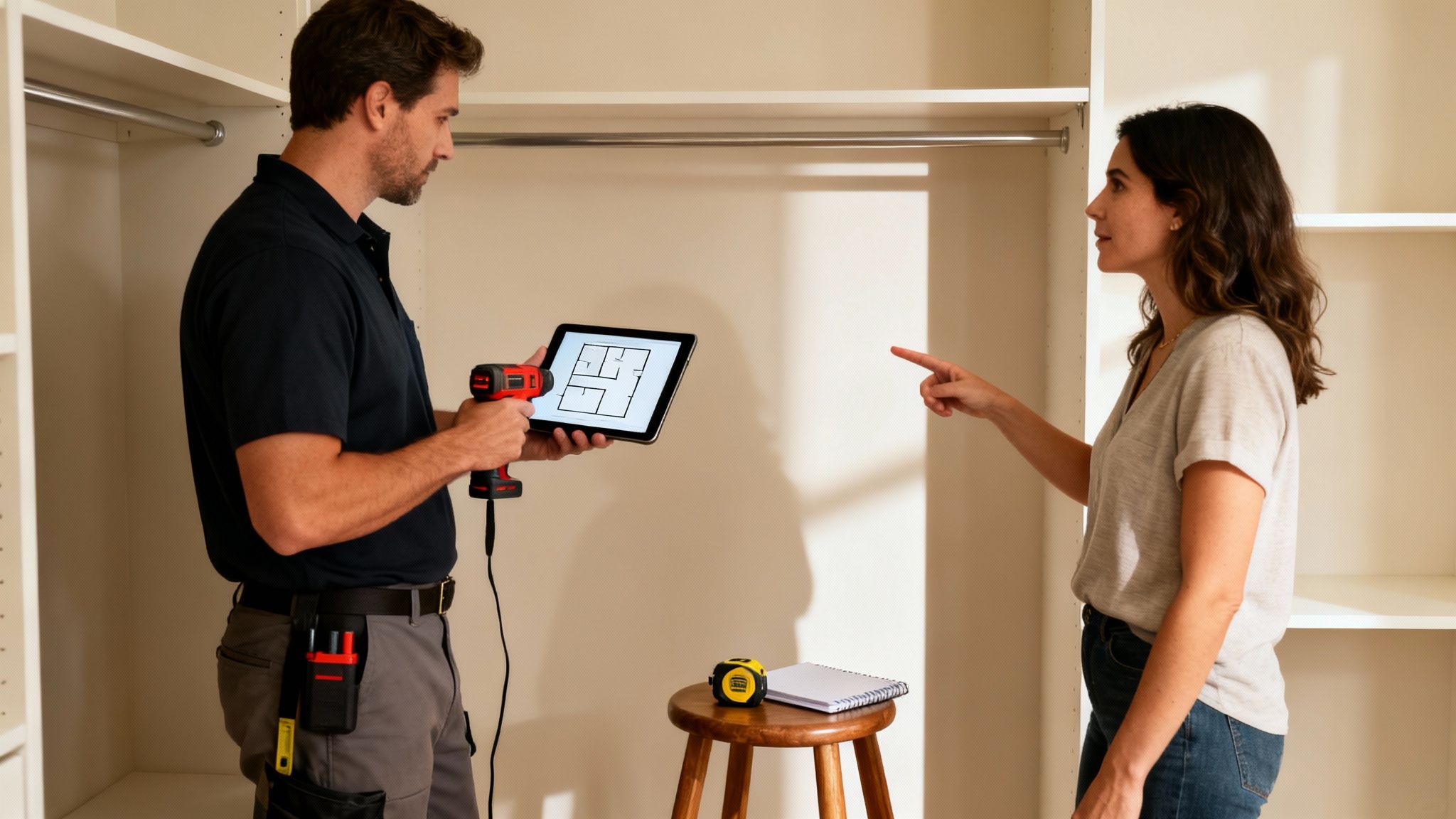 A male installer consults a woman on a custom closet design, holding a drill and tablet with a floor plan.
