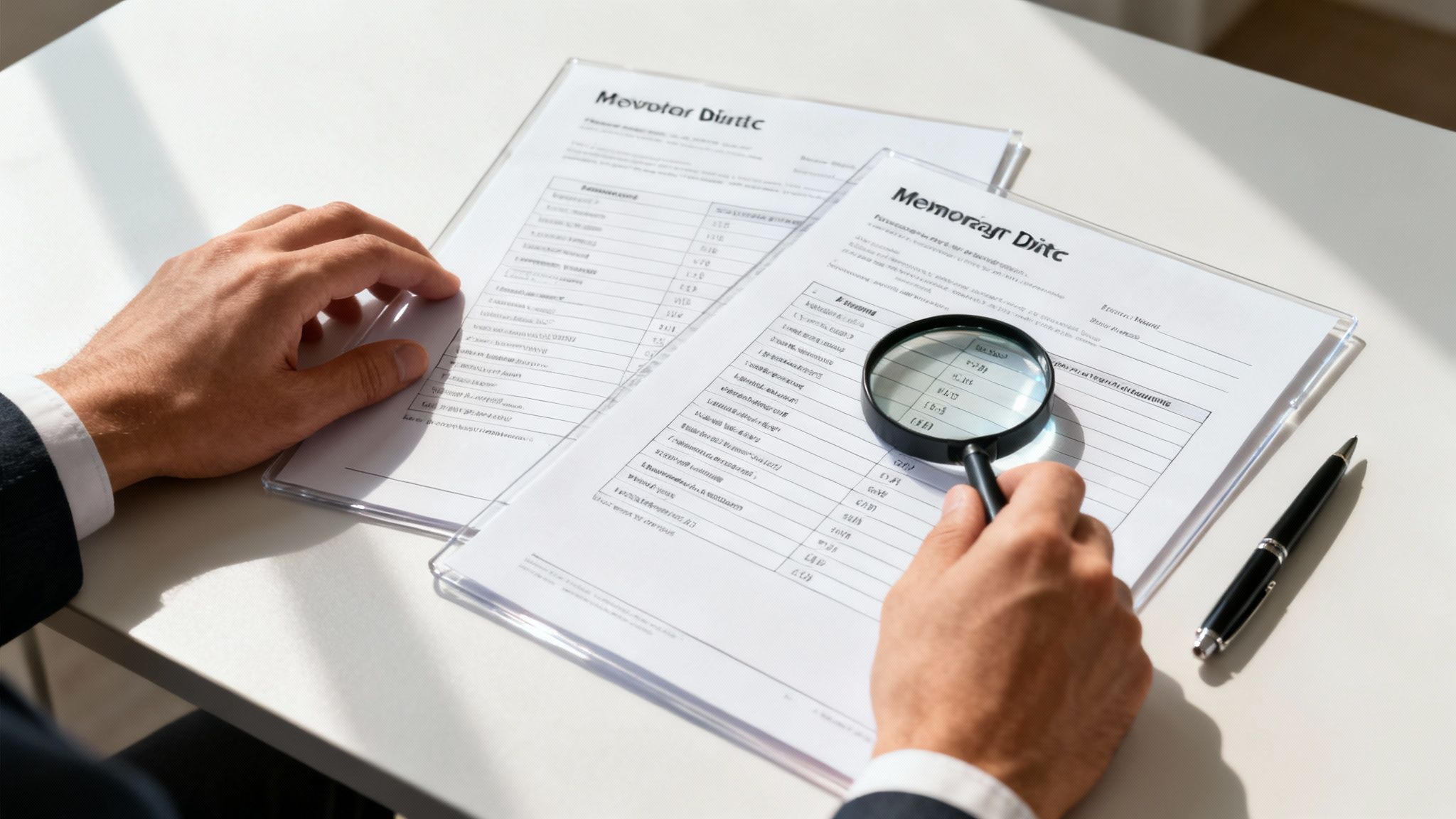 Hands of a person reviewing business documents using a magnifying glass on a white desk.