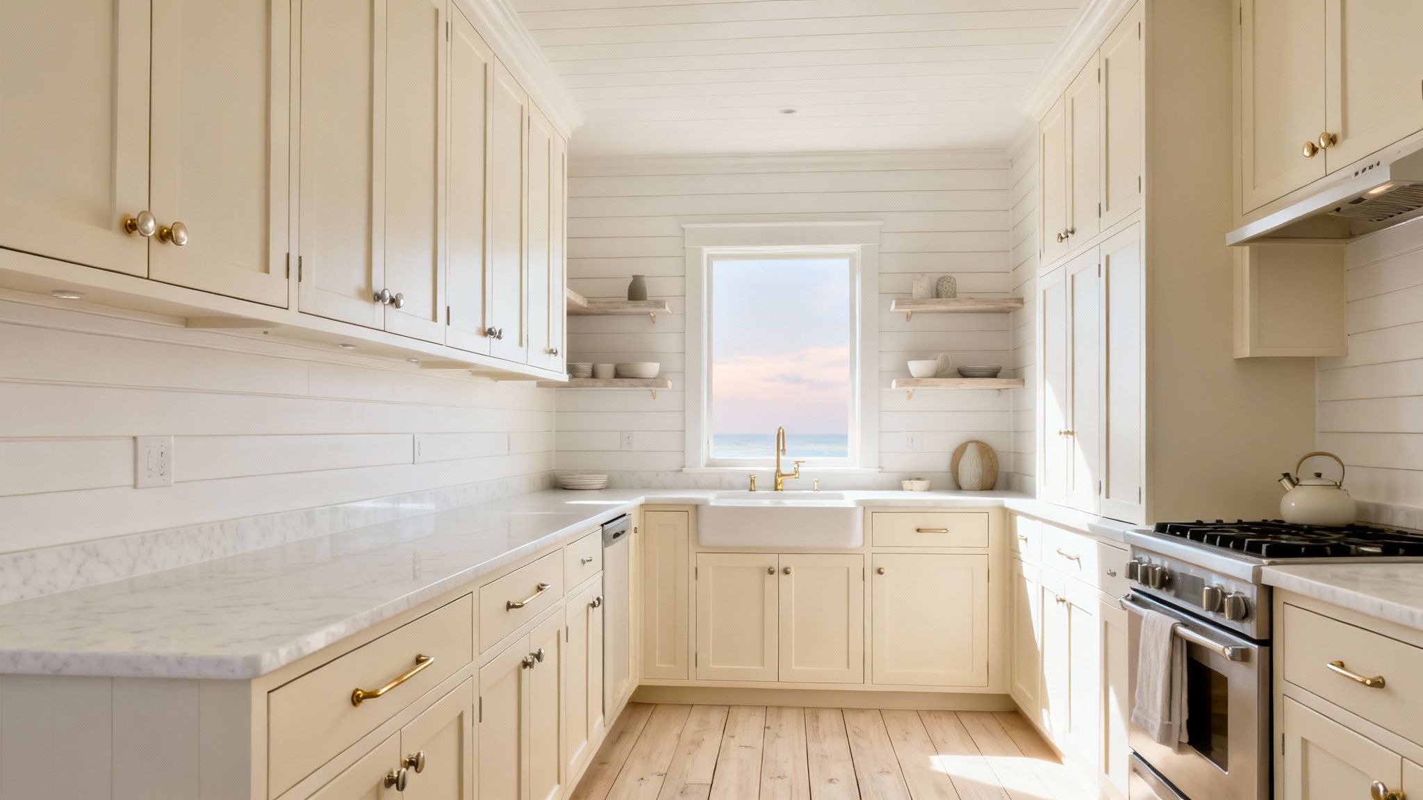 A bright coastal kitchen with cream cabinets, marble countertops, and an ocean view.