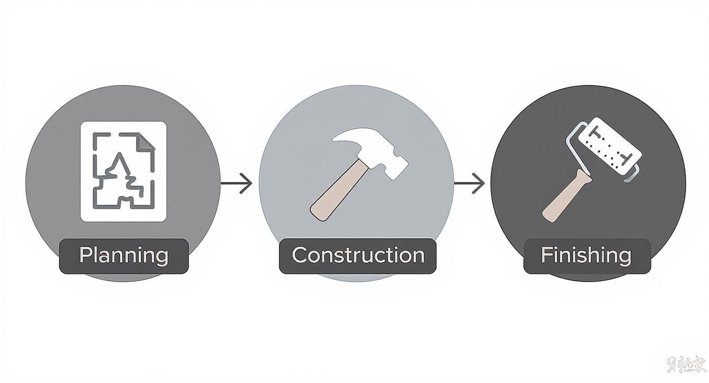 Visual diagram illustrating the three phases of a renovation project: planning, construction, and finishing.