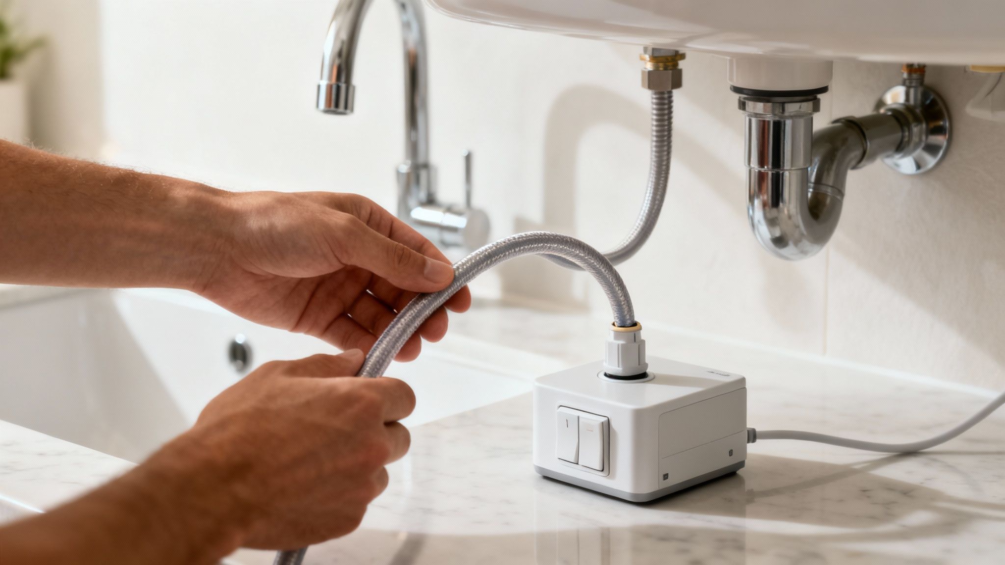 Hands connecting a flexible hose to a modern air switch control unit for a kitchen sink.
