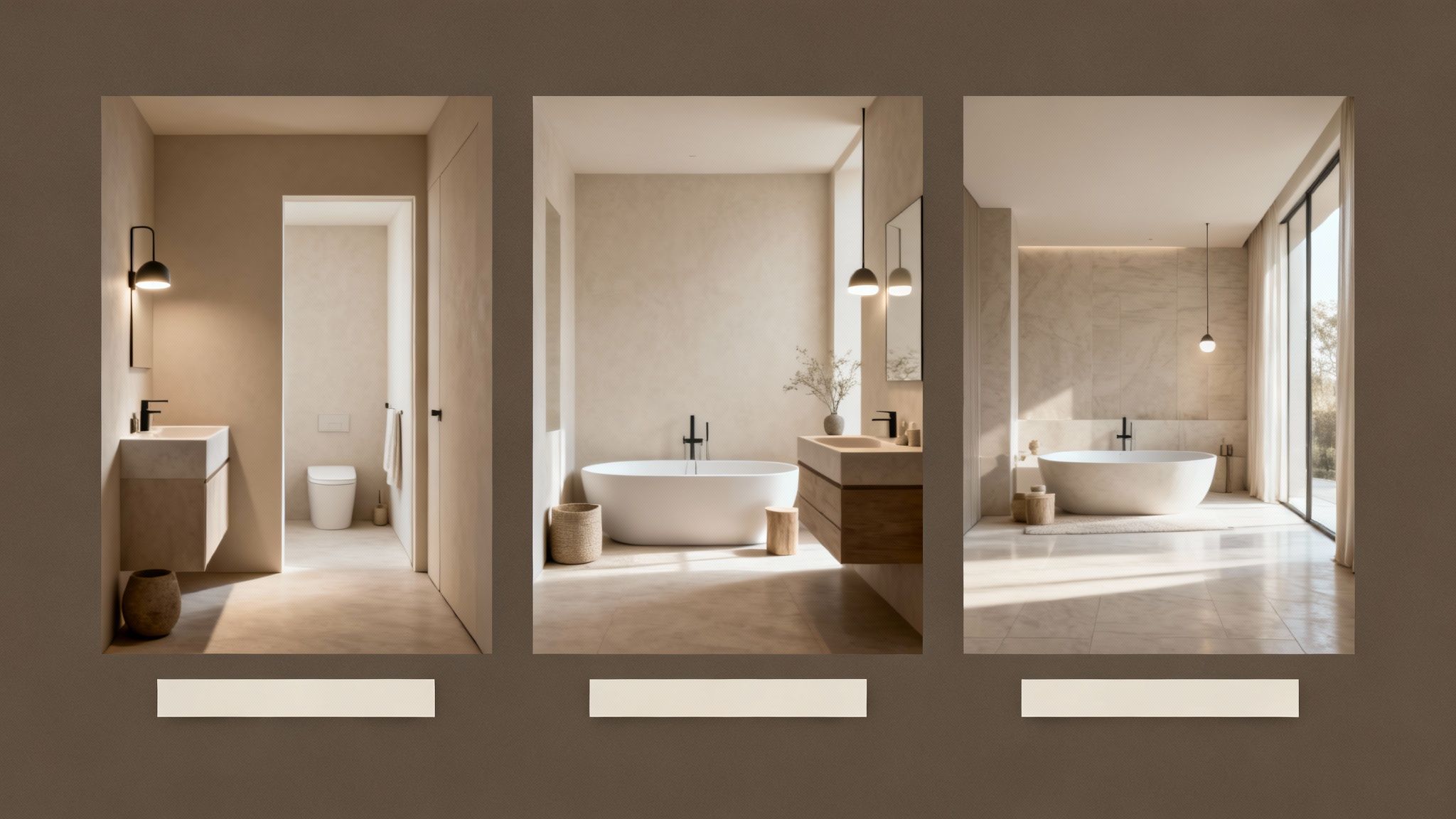Three minimalist modern bathrooms in neutral tones, featuring freestanding tubs, sinks, and toilets.
