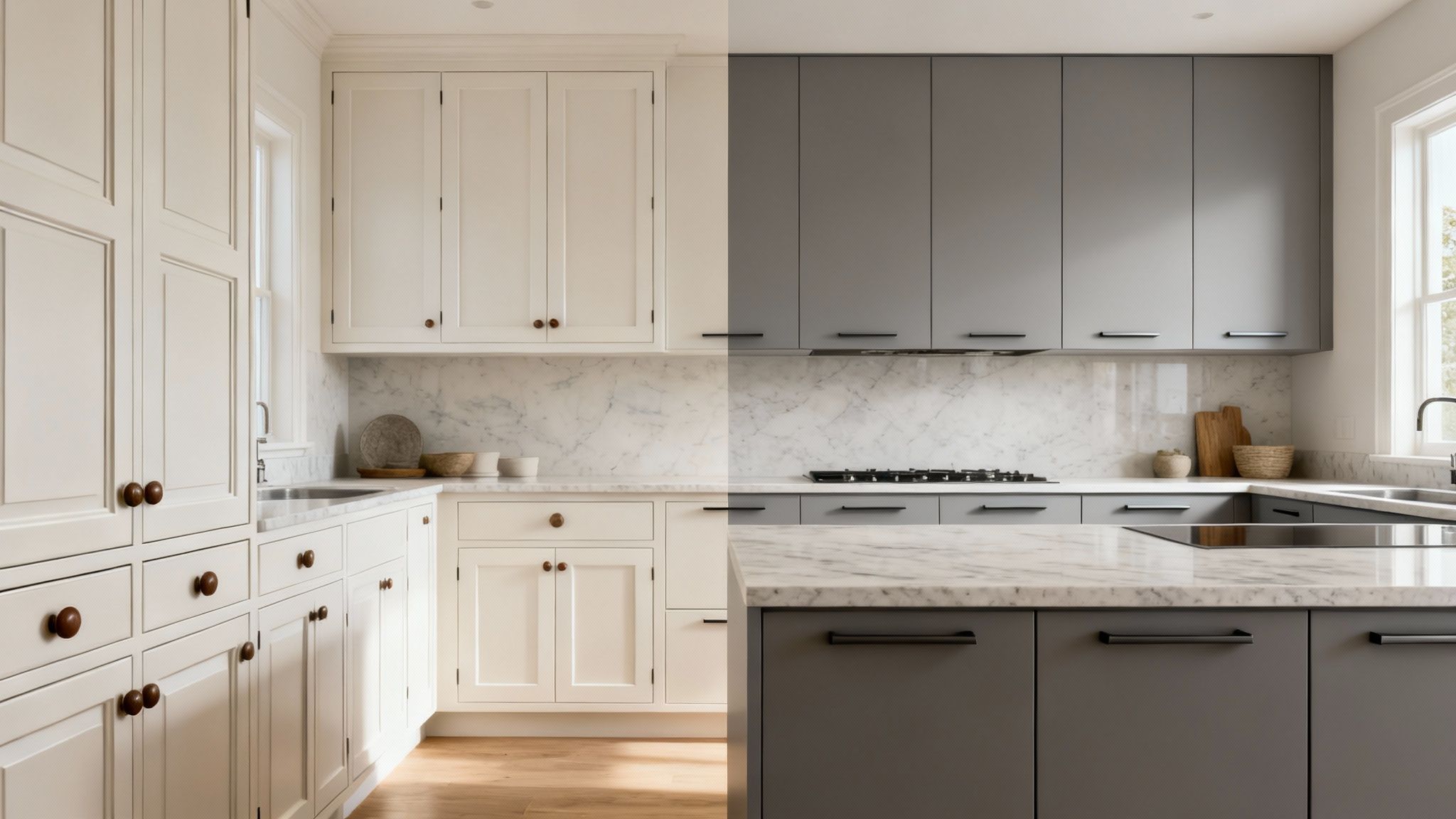 A kitchen design showcasing traditional white framed cabinets on the left and modern gray frameless cabinets on the right.