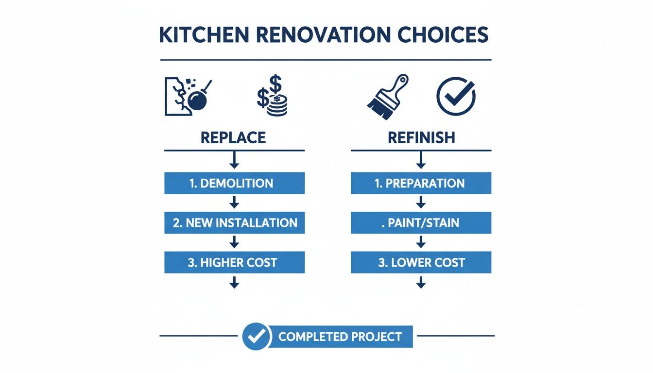 Flowchart comparing kitchen renovation choices: replace (demolition, new installation, higher cost) vs. refinish (preparation, paint/stain, lower cost).