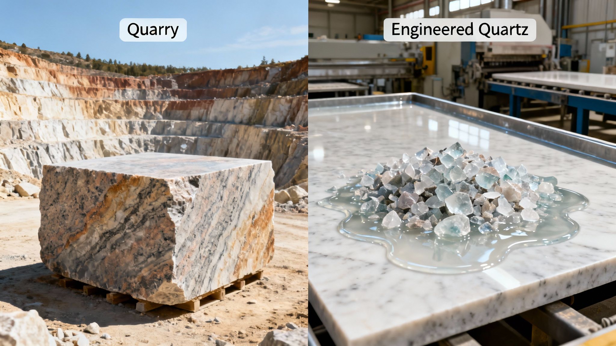 A split image of a natural stone quarry with a large block and engineered quartz raw materials.