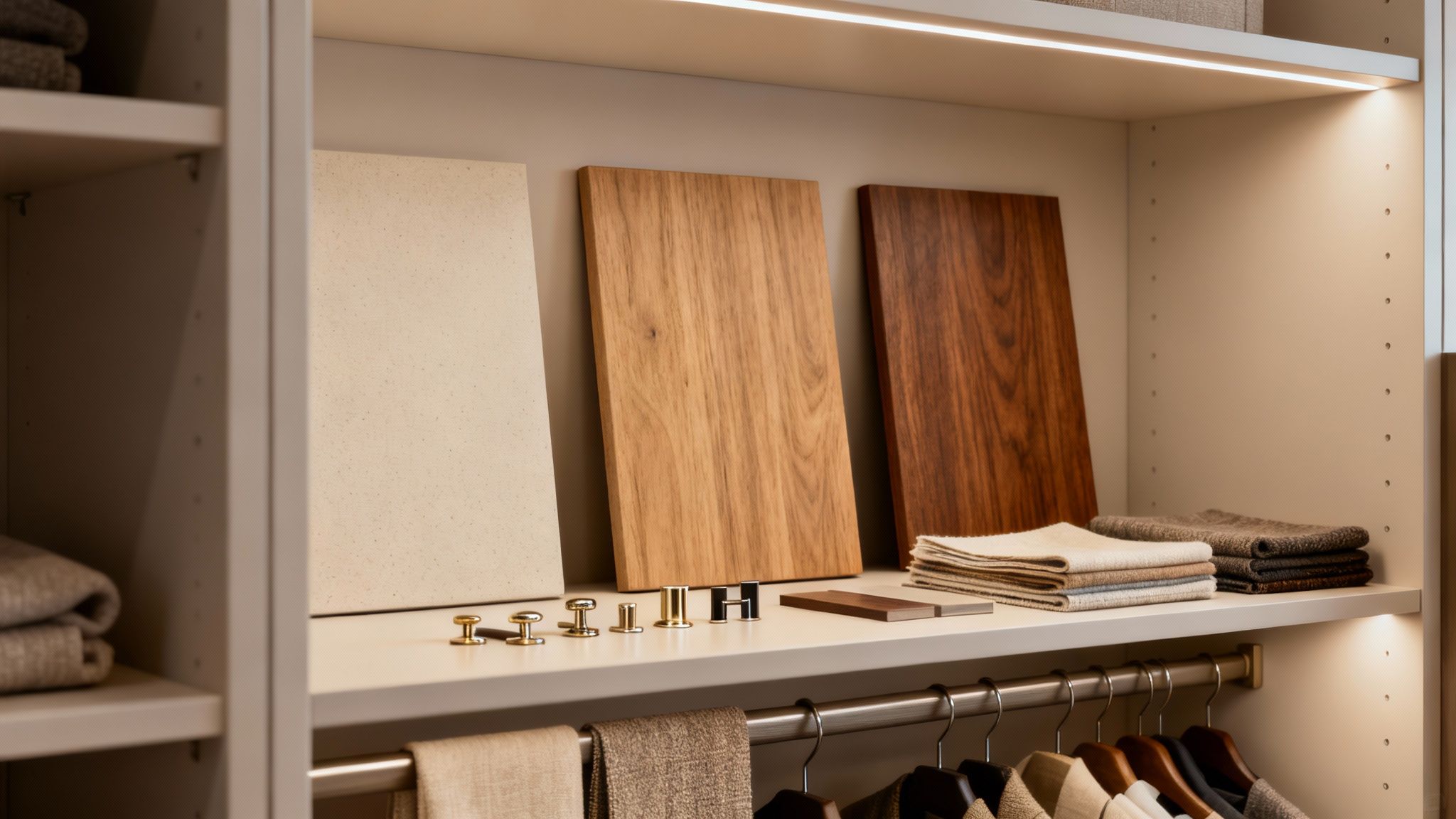 Closet shelf display with material samples, hardware, and fabric swatches for design choices.