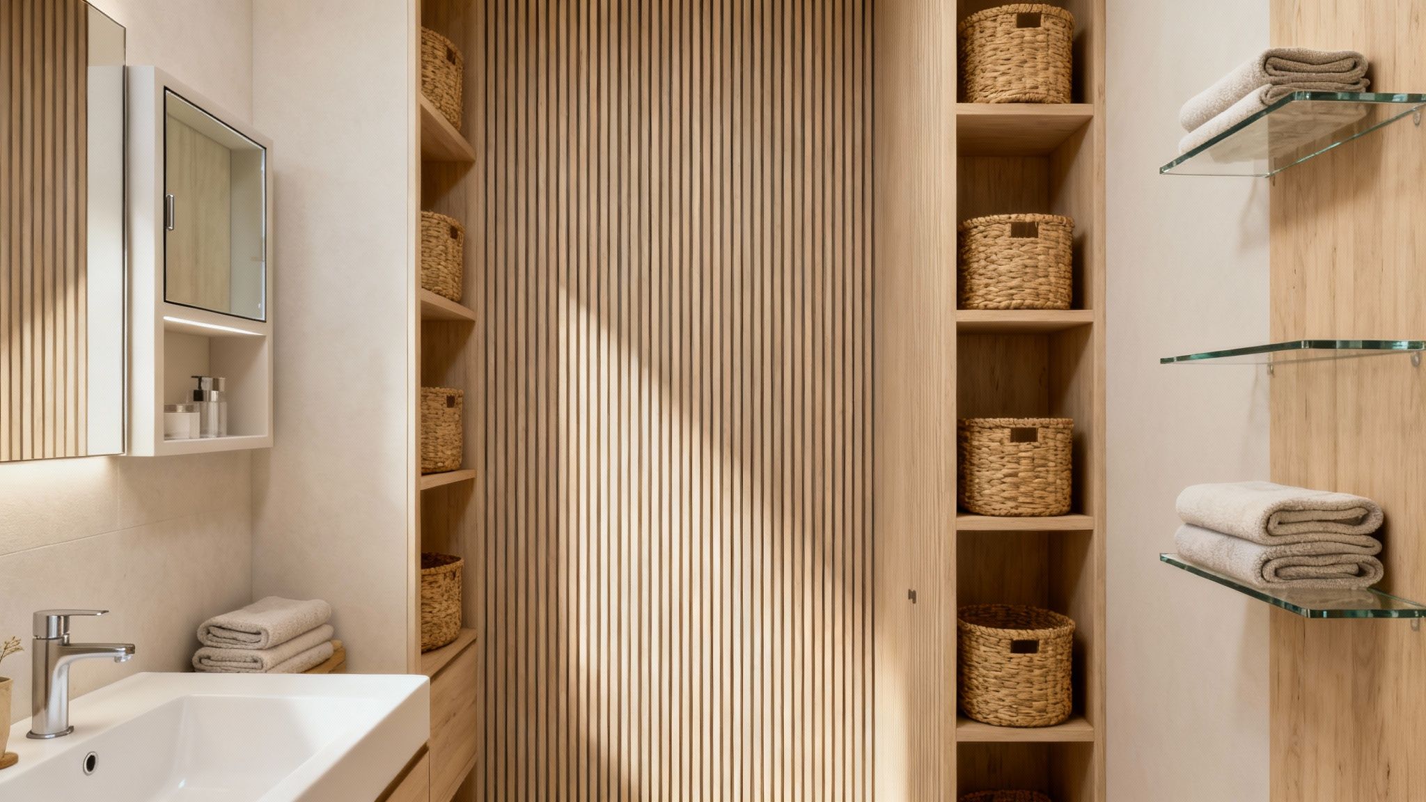A modern and organized bathroom featuring natural wood paneling, woven storage baskets, and glass towel shelves.