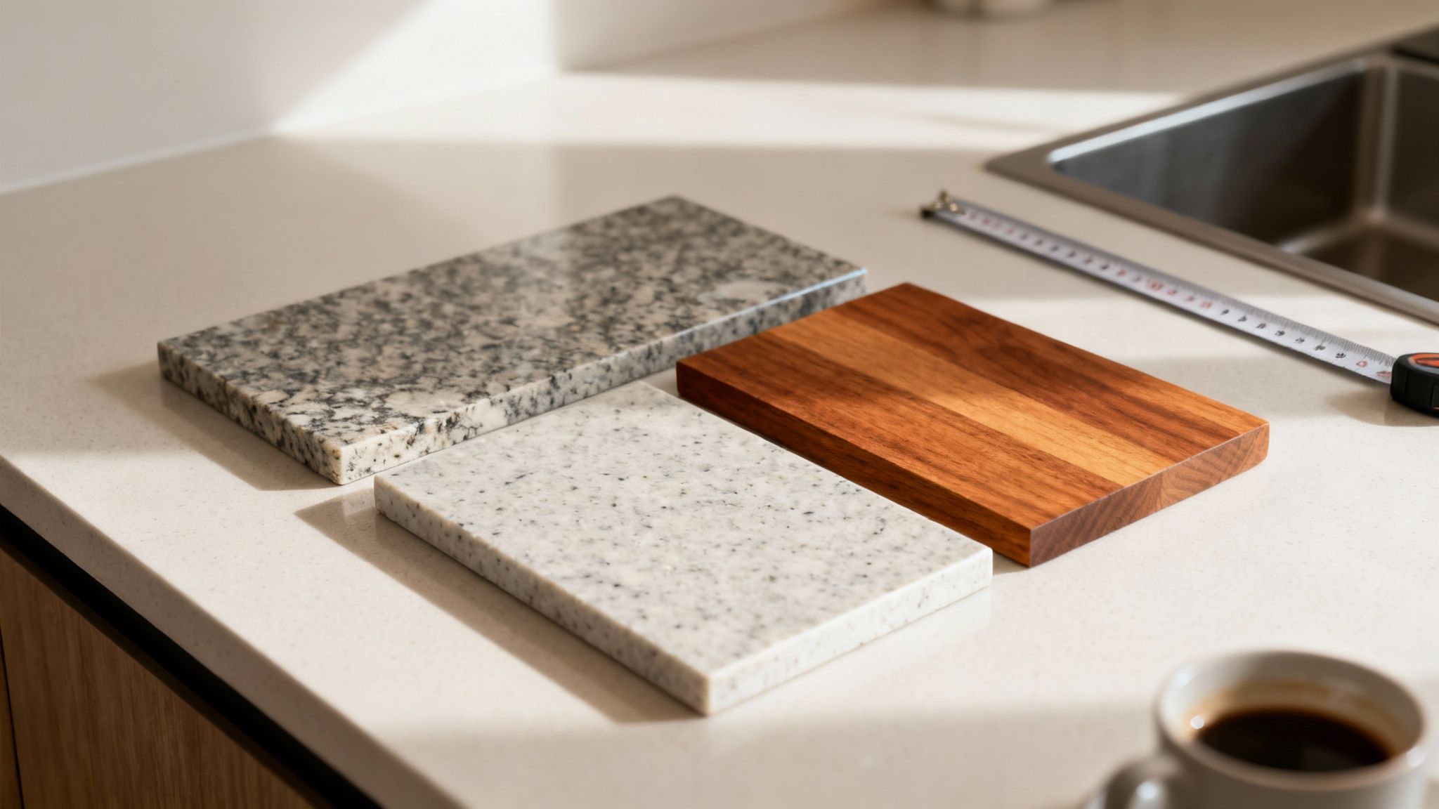 Stone and wood material samples on a kitchen countertop with a measuring tape.