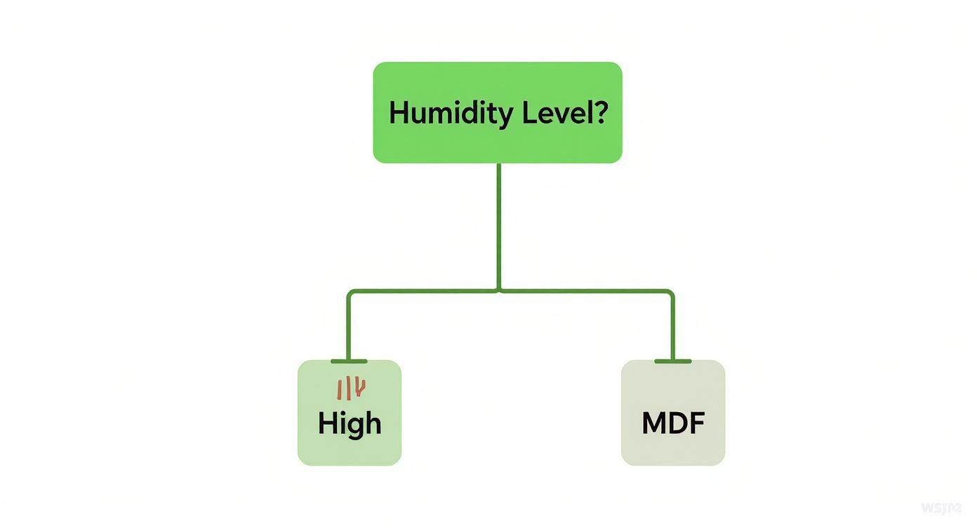 A decision flowchart showing "Humidity Level?" leading to options "High" or "MDF" for cabinet material selection.