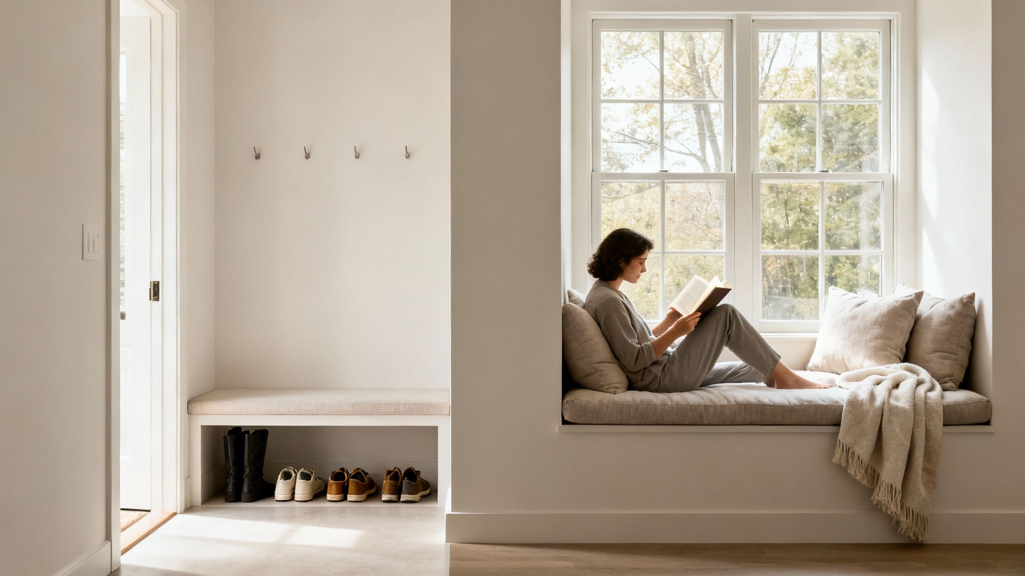 A woman reads a book on a cozy window seat next to an entryway bench with shoes.