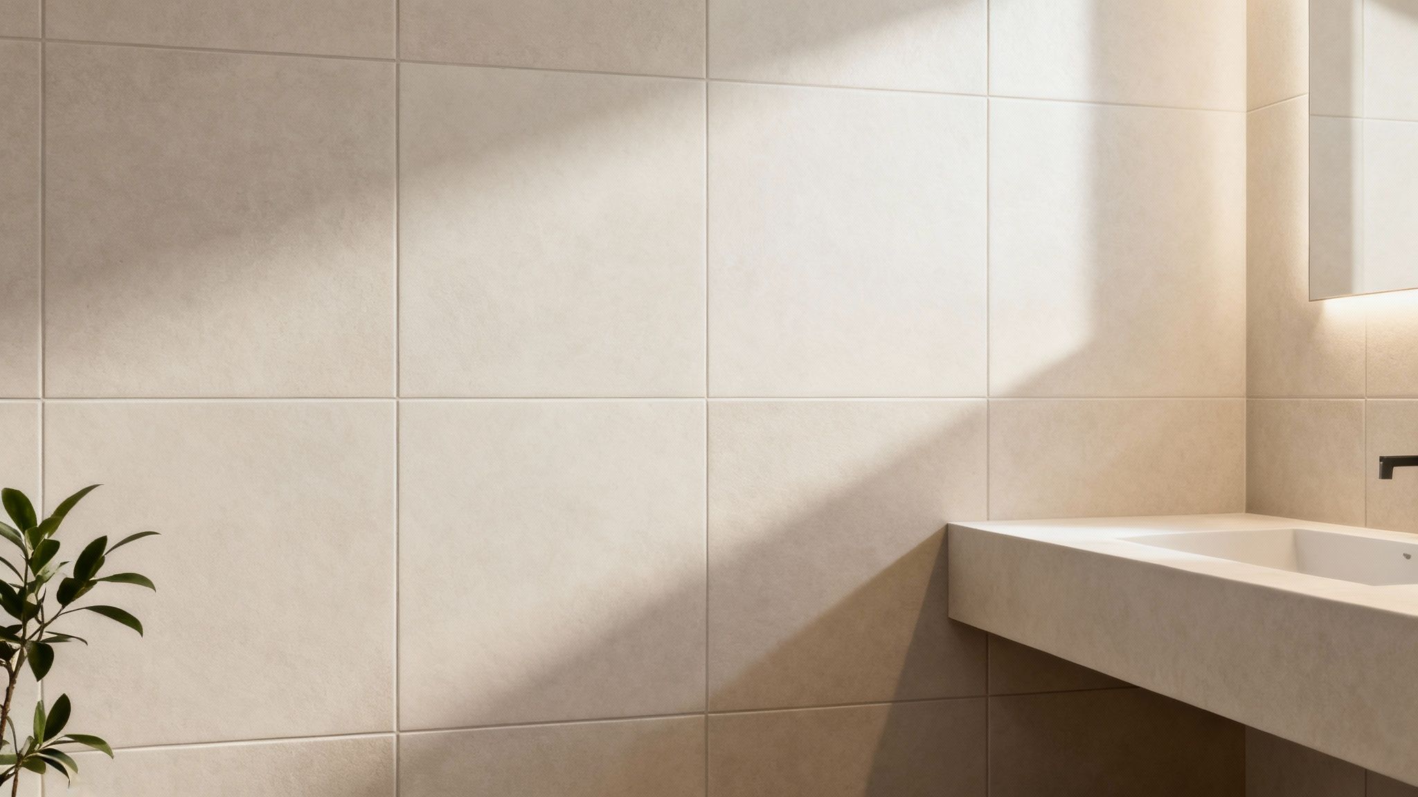 A minimalist bathroom with textured beige tiles, a floating sink, mirror, and green plant.