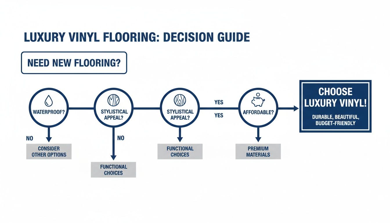 A decision guide flowchart about luxury vinyl flooring, highlighting its waterproof, stylish, and affordable benefits.