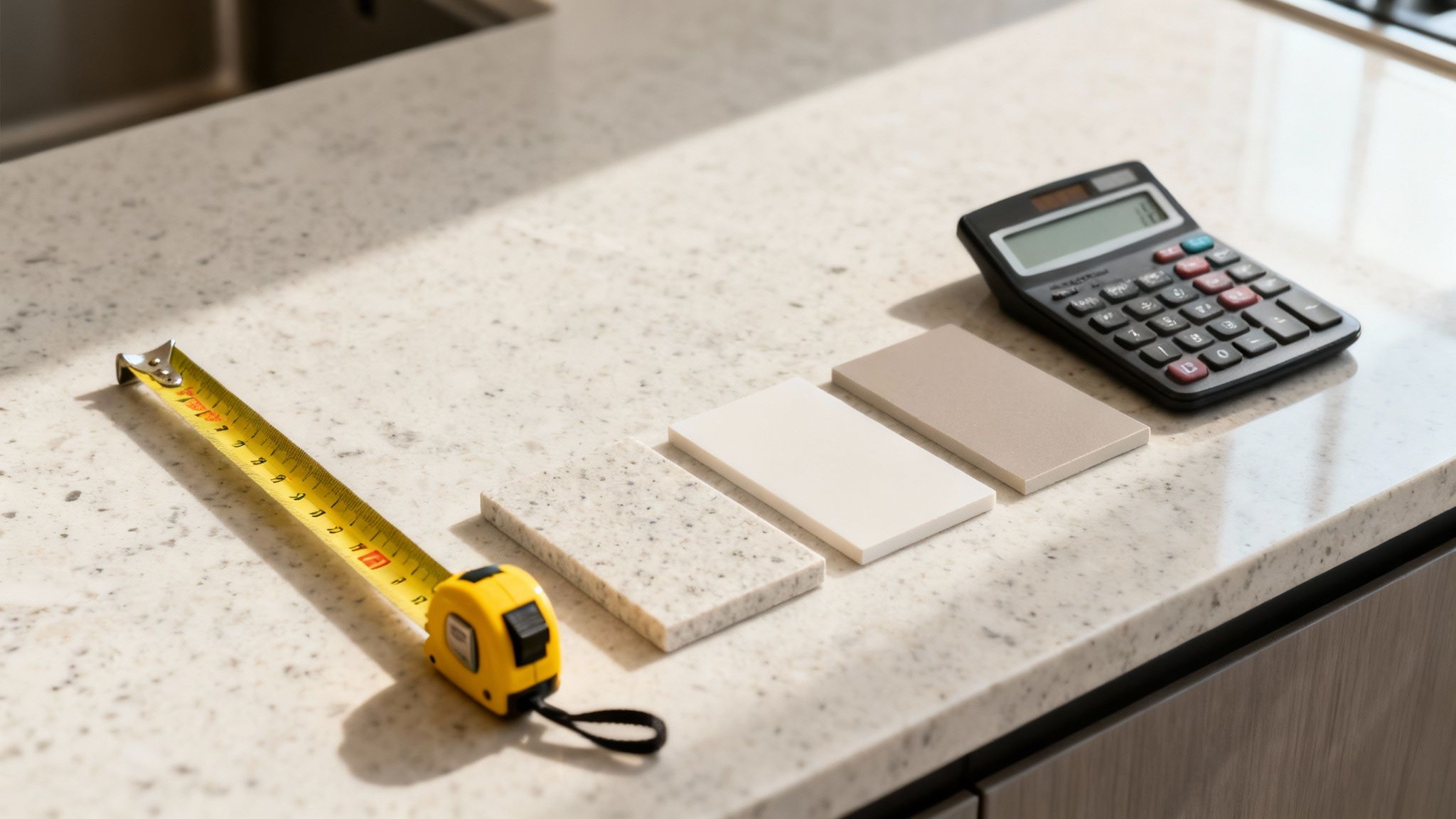 Tape measure, calculator, and various countertop samples for kitchen design planning.
