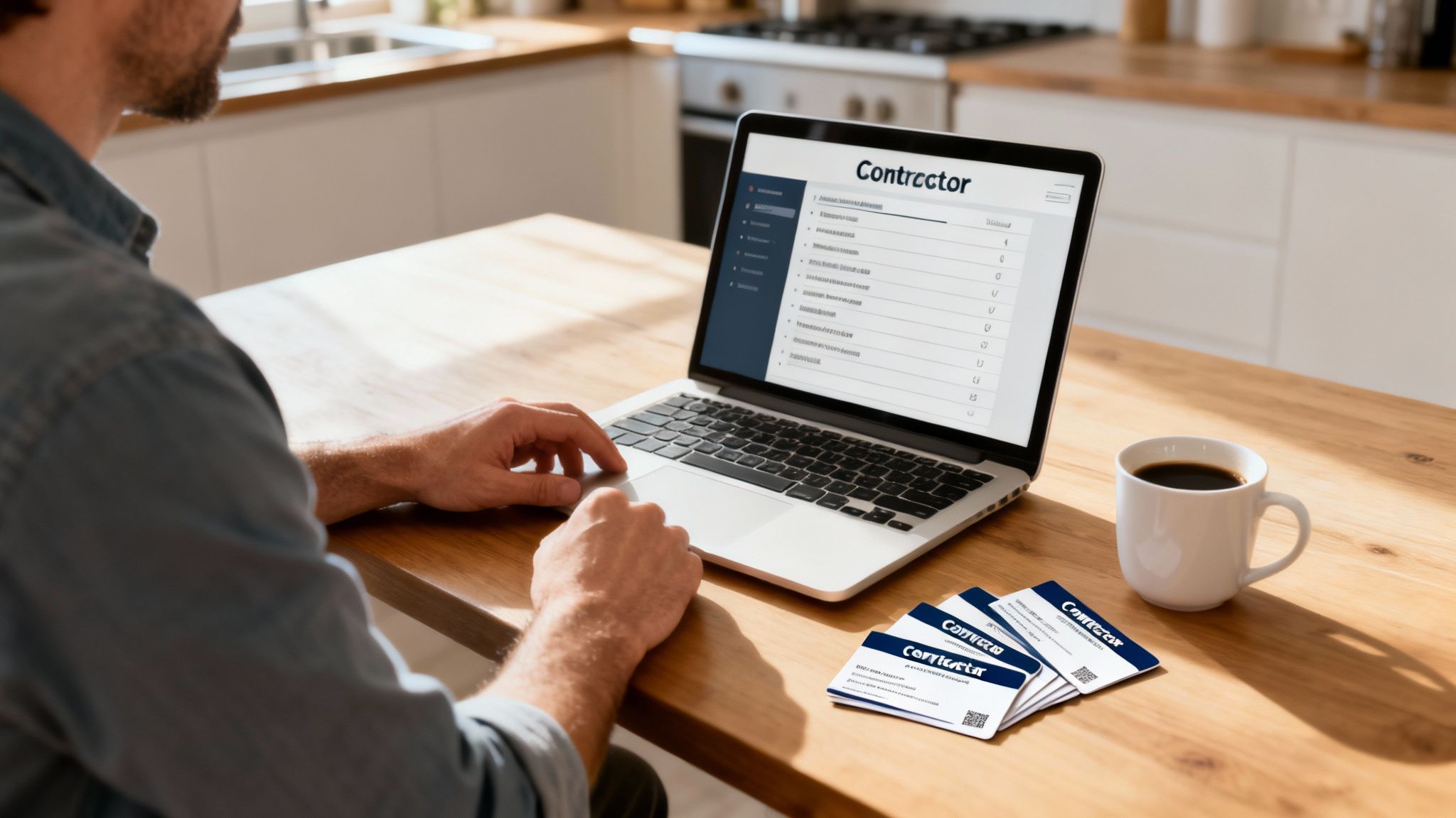 Man working on a laptop displaying a 'Contractor' interface, with business cards and coffee.