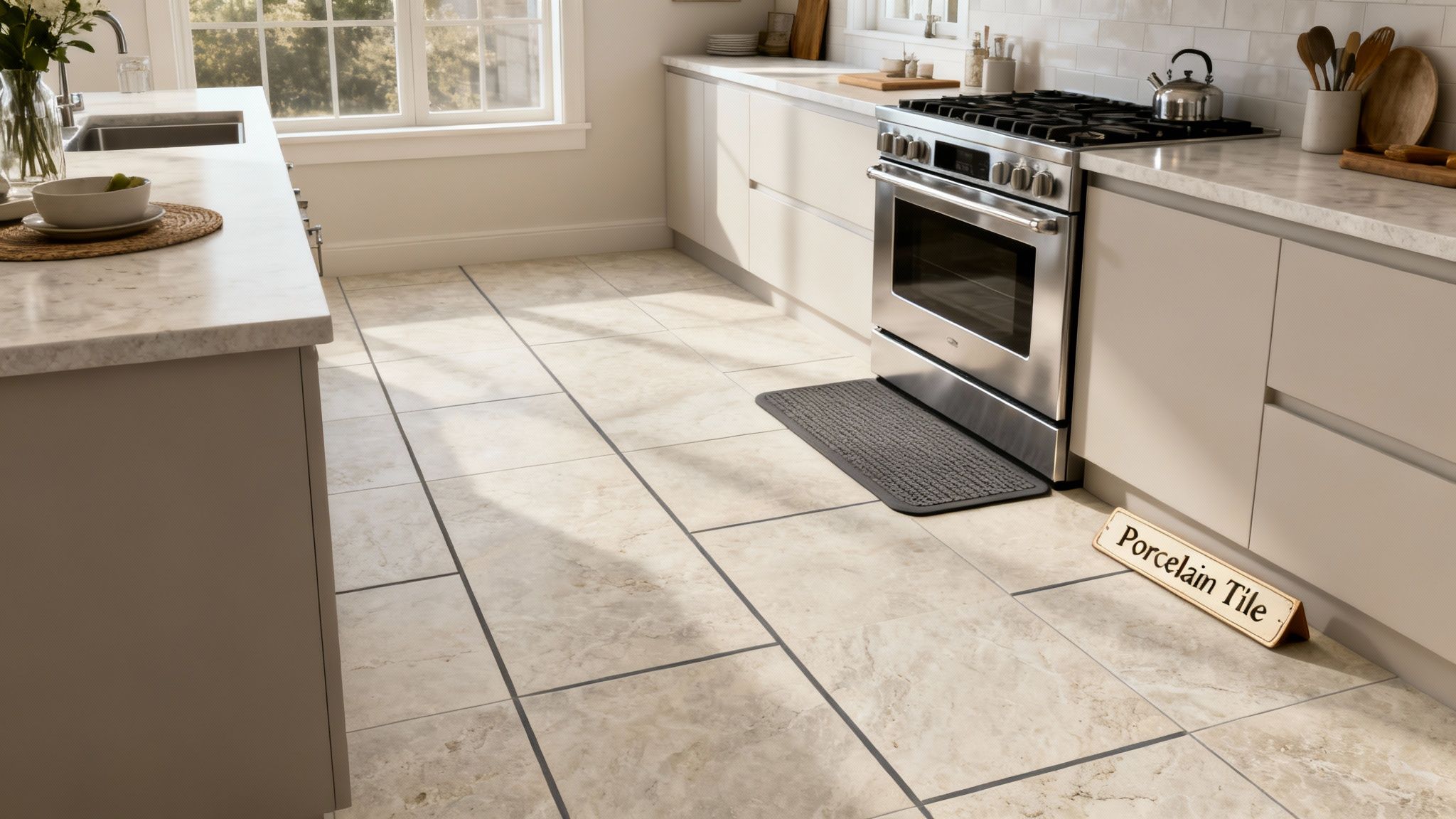 A modern kitchen featuring light porcelain tile flooring, light cabinets, stainless steel appliances, and marble countertops.