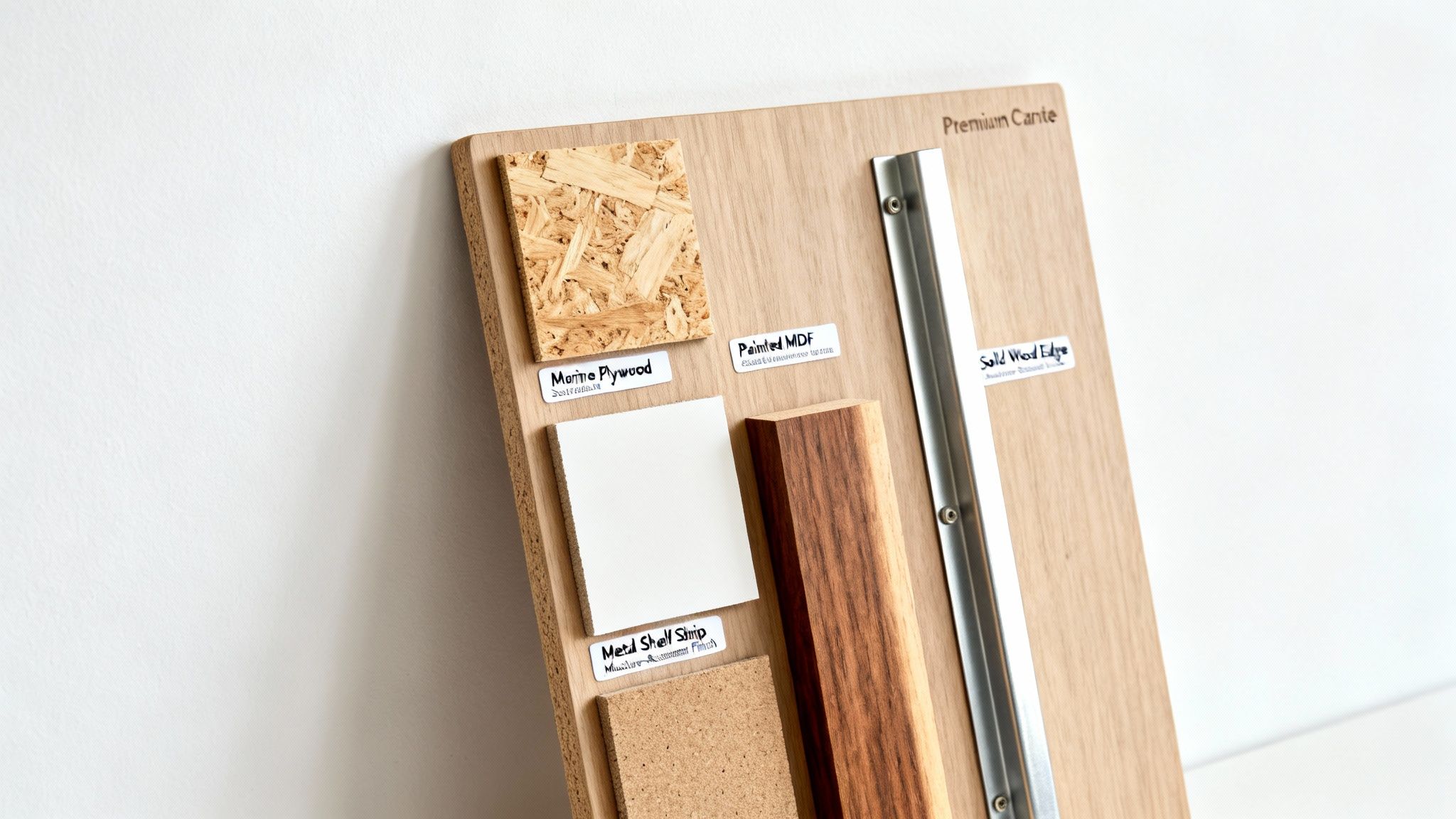 A close-up of a material sample board featuring various wood and metal elements.