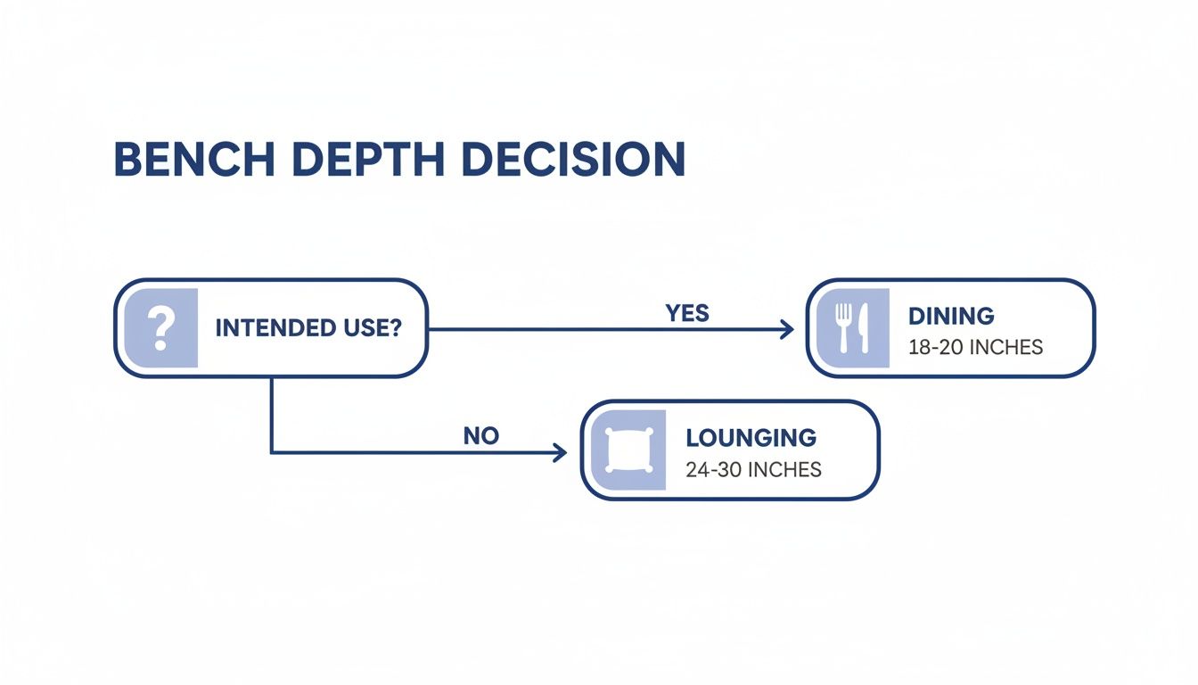 A flowchart detailing bench depth decisions: 18-20 inches for dining use, and 24-30 inches for lounging.