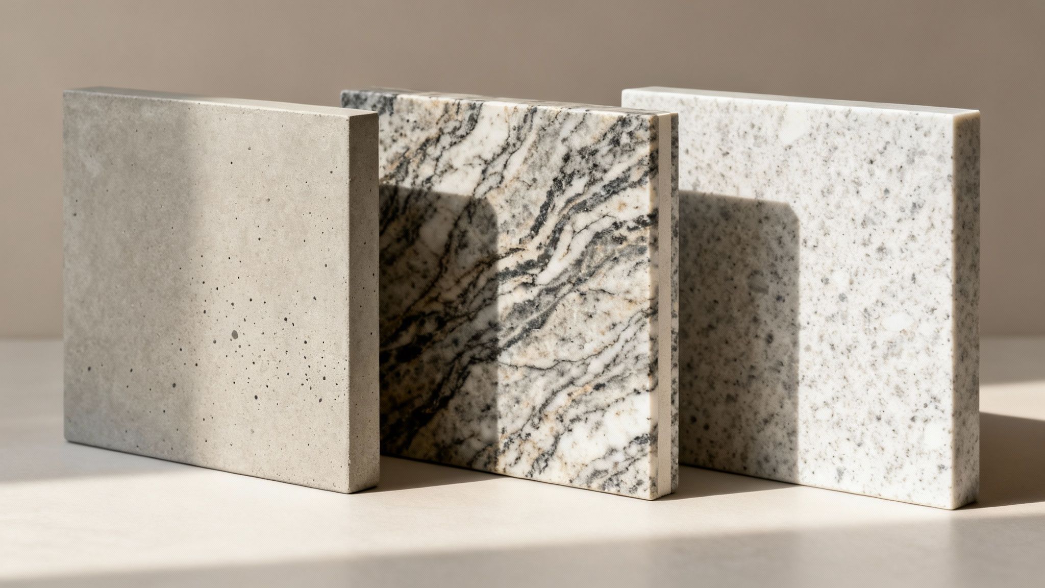 Three rectangular samples of concrete, dark granite, and light granite for countertops.