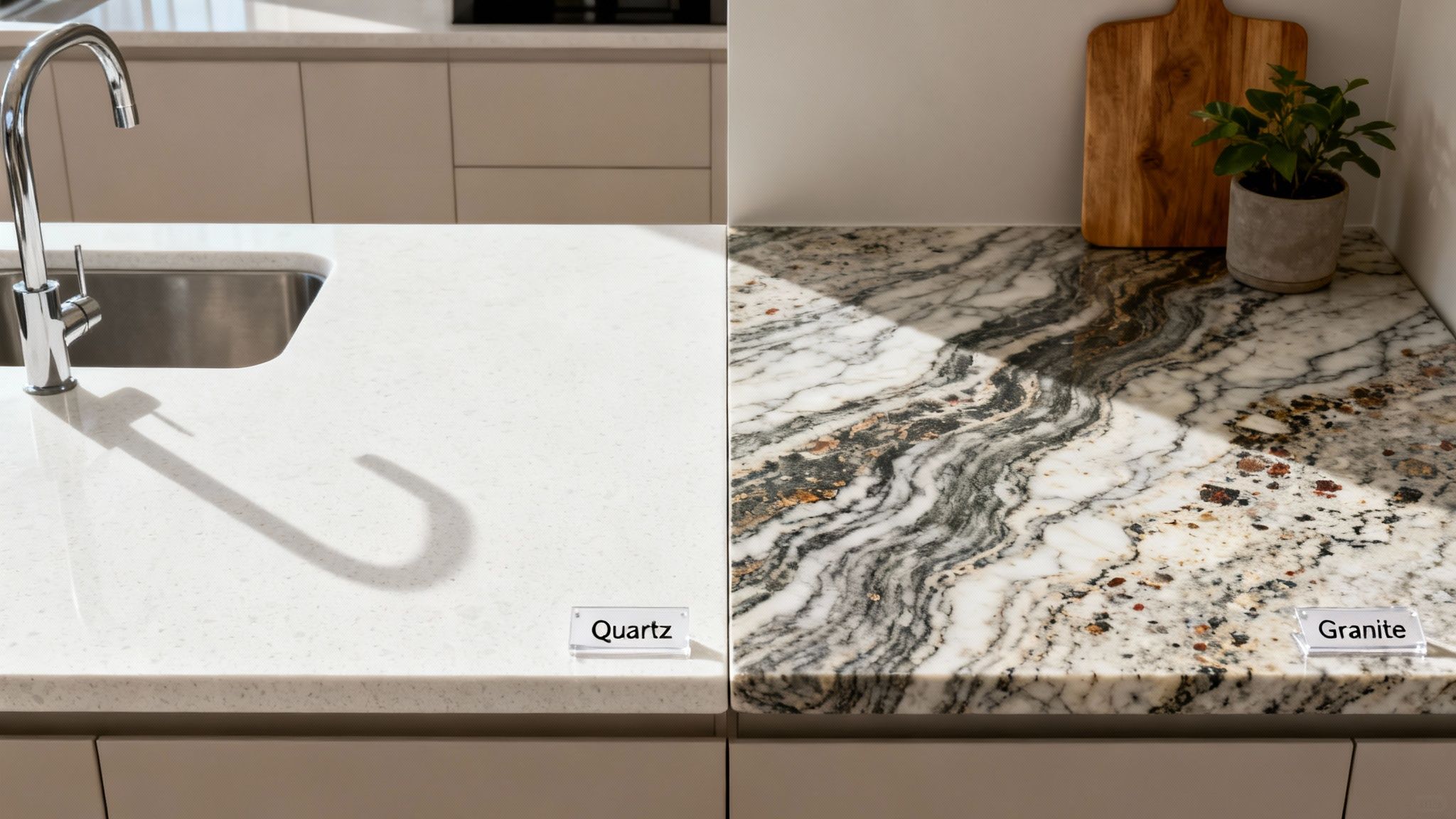 Side-by-side display of white quartz and patterned granite countertops, each with a label.