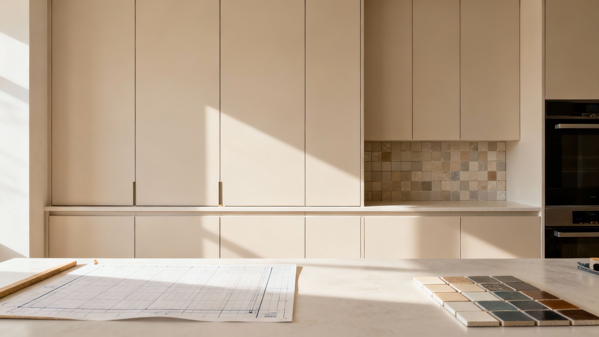 A modern kitchen with light beige cabinets, a mosaic tiled backsplash, and a countertop featuring blueprints and tile samples.