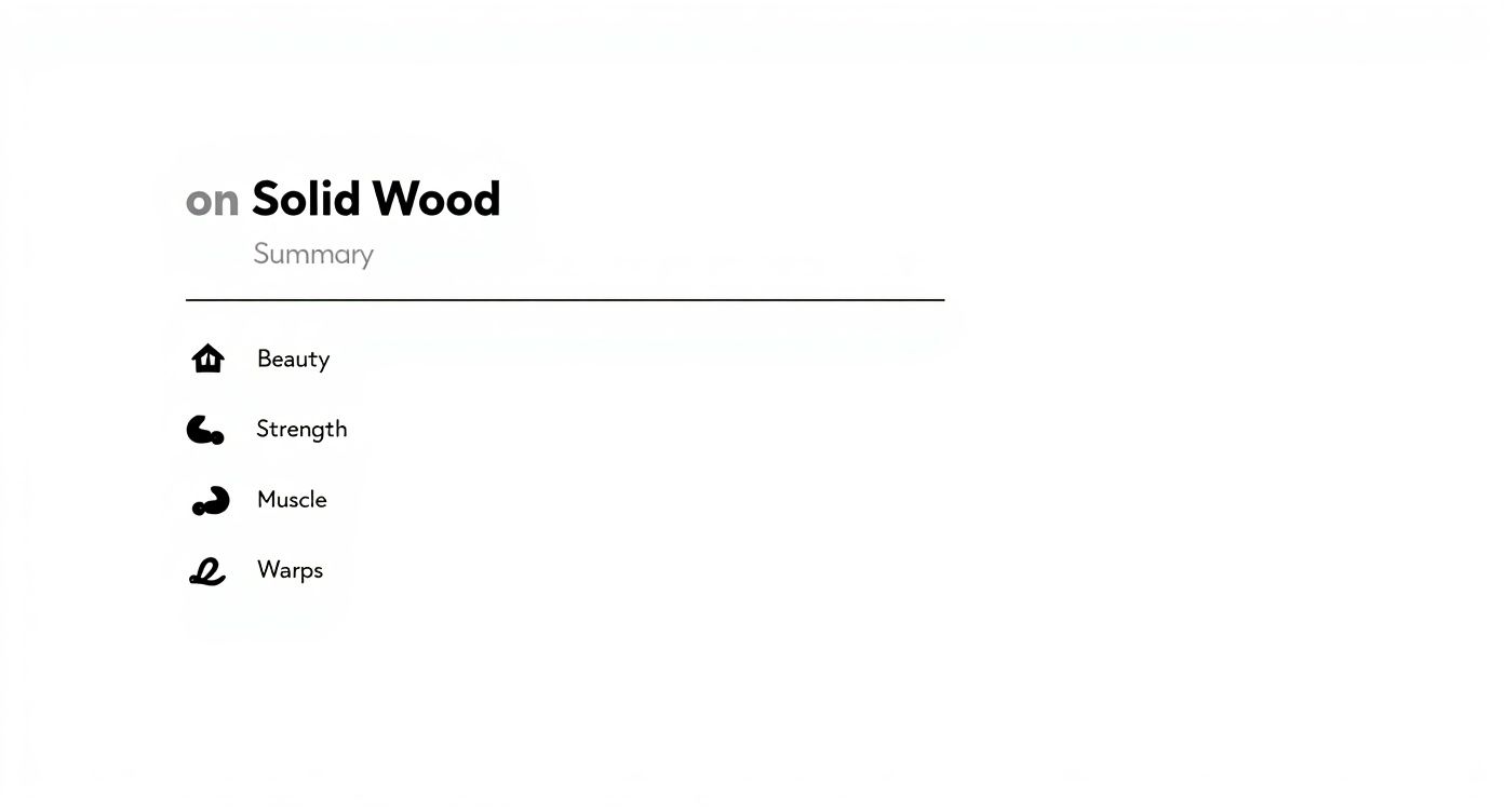 Infographic summarizing solid wood cabinet features like beauty, strength, and susceptibility to warping.