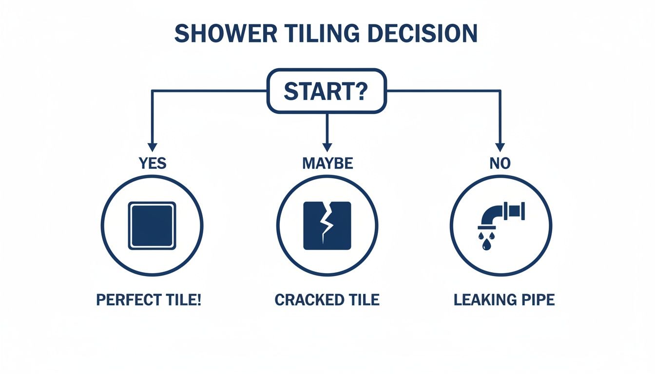 A flowchart titled 'Shower Tiling Decision' with paths from 'START?' to 'YES (Perfect Tile!)', 'MAYBE (Cracked Tile)', and 'NO (Leaking Pipe)'.