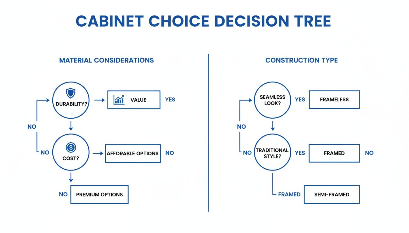 A cabinet choice decision tree flowchart showing material considerations and construction types.