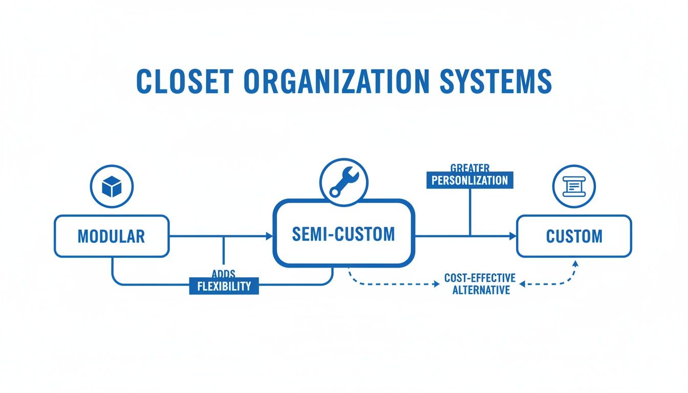 Flowchart comparing Modular, Semi-Custom, and Custom closet organization systems with their benefits.