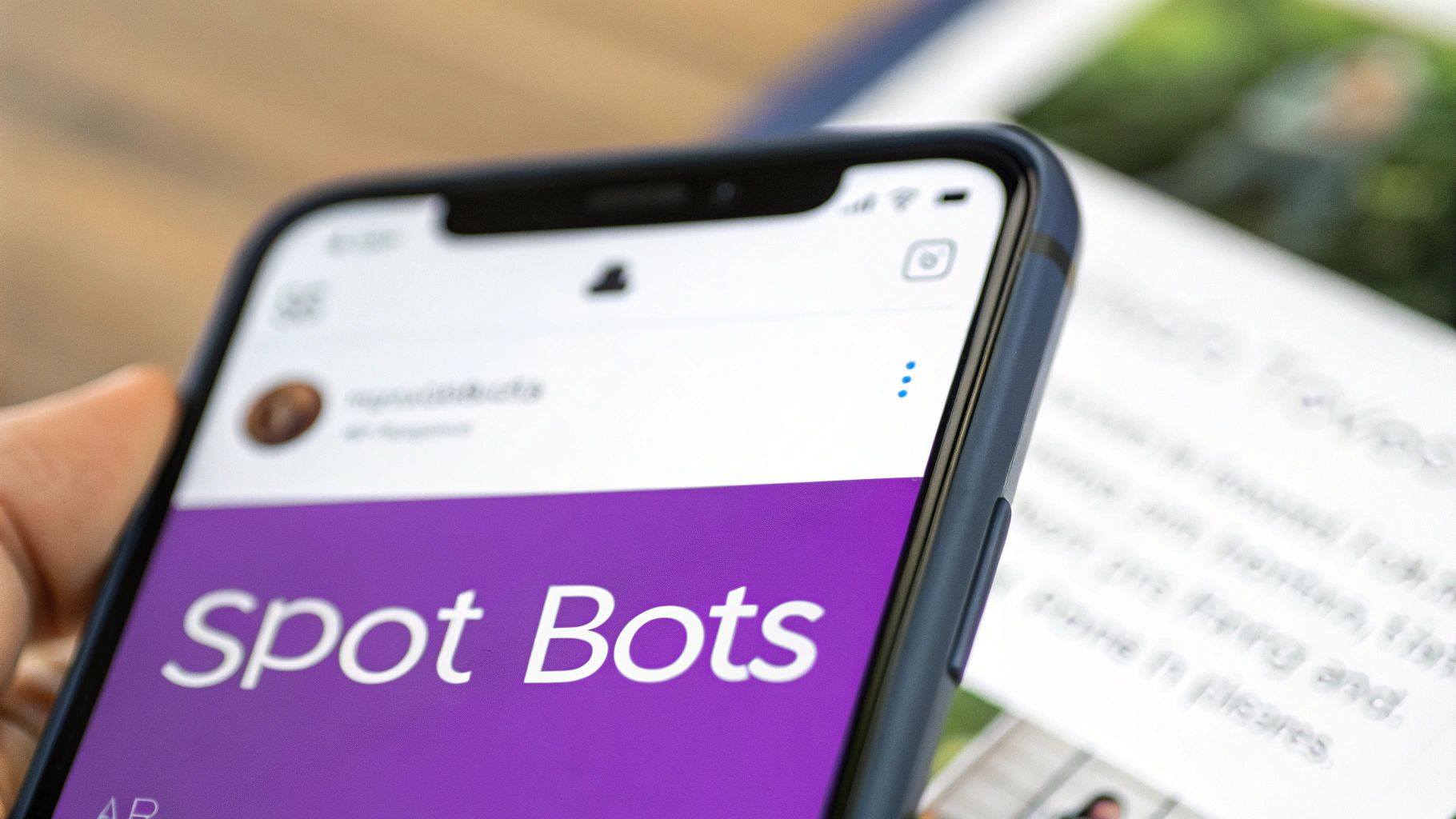 Smartphone displaying Instagram app with purple banner showing spot Bots text for automated comments