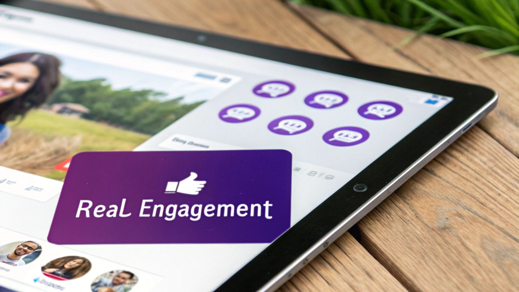 Close-up of a tablet screen showing social media content and a 'Real Engagement' overlay.
