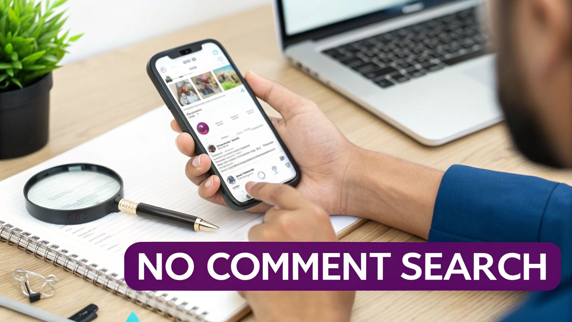 Person holding smartphone viewing Instagram profile while working at desk with laptop and notebook