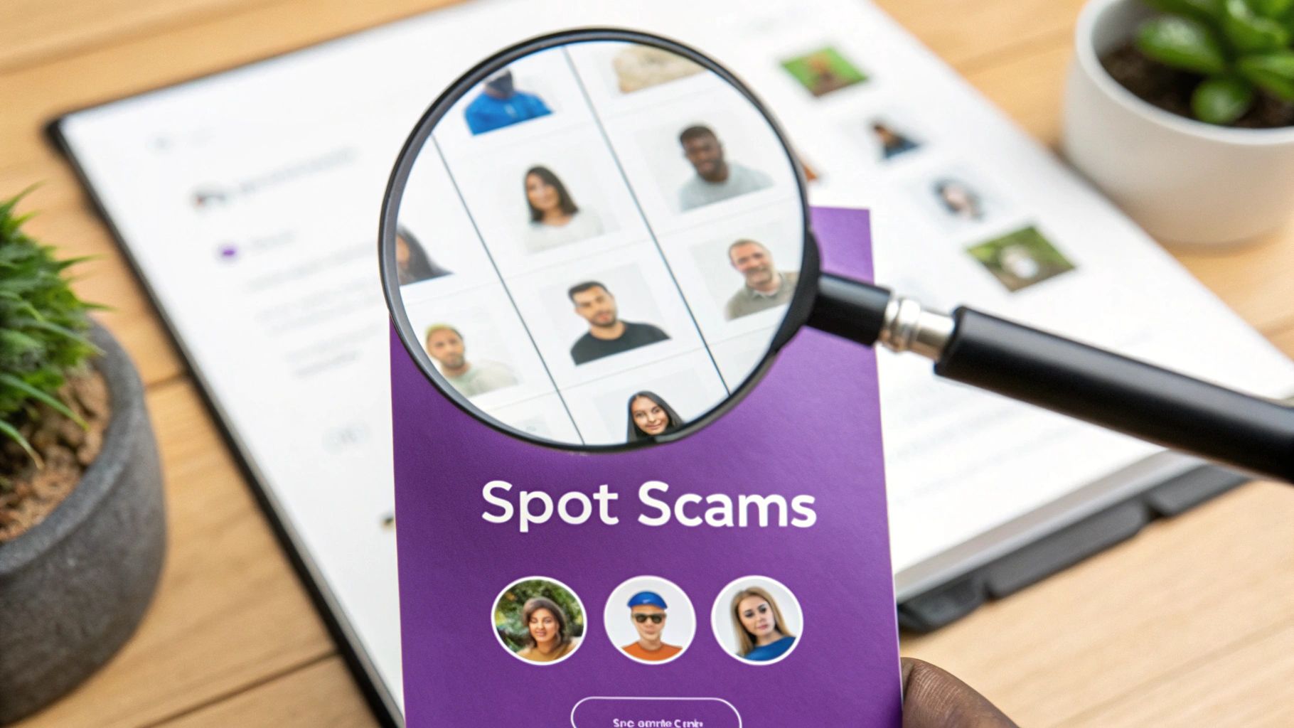 A magnifying glass is held over a purple pamphlet with 'Spot Scams' text, showing blurred profile pictures.