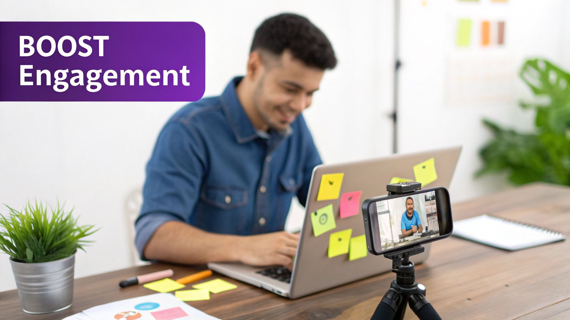 Eine Gruppe verschiedener Menschen, die mit einem riesigen Smartphone-Bildschirm interagieren, der Benachrichtigungen über soziale Medien anzeigt.
