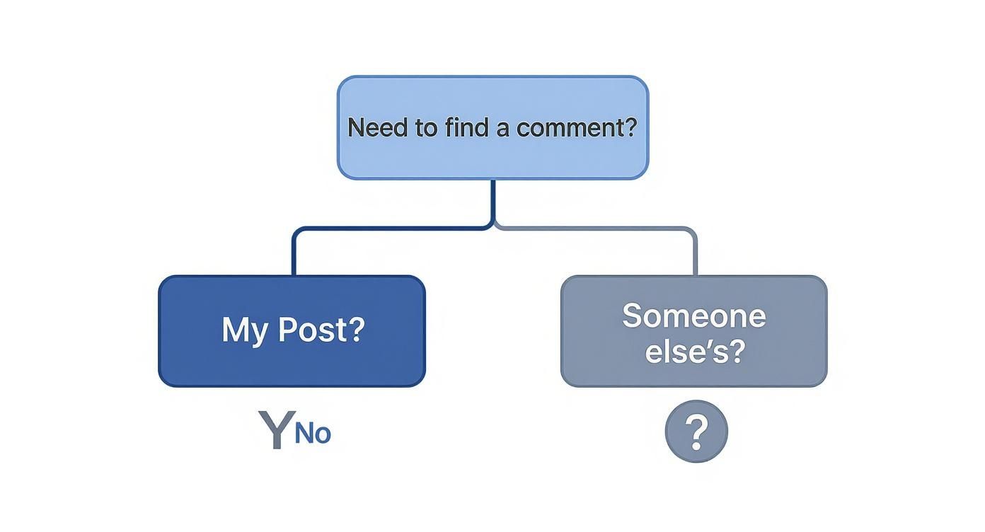 Flowchart diagram showing decision tree for finding comments on Instagram posts with two options