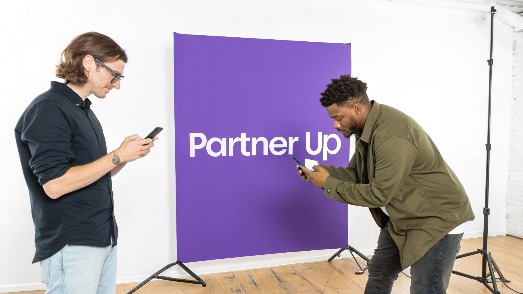 Two professionals using smartphones for social media collaboration in front of purple partner up banner