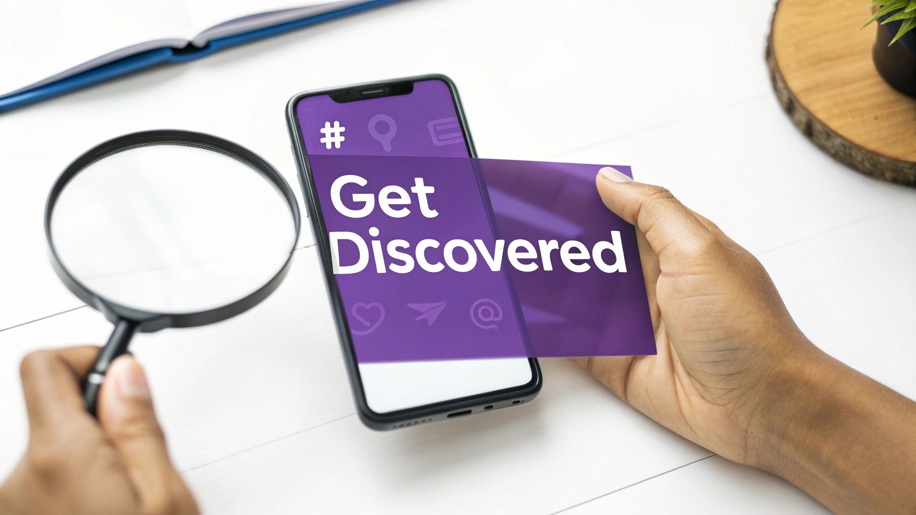 A person's hand holding a smartphone showing a mix of popular and niche Instagram hashtags.