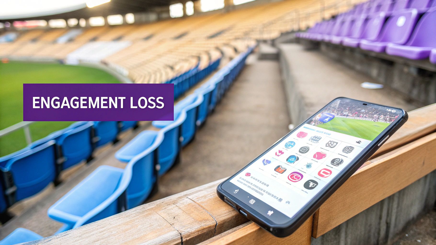 Smartphone on stadium railing showing a live game and app icons, with an 'ENGAGEMENT LOSS' banner.