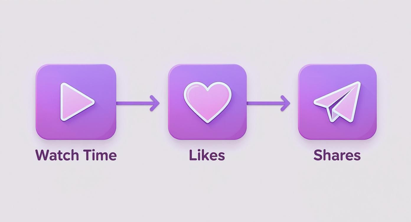 Infographic showing a process flow of key Instagram signals: Watch Time, Likes, and Shares, represented by icons against a gradient purple background.