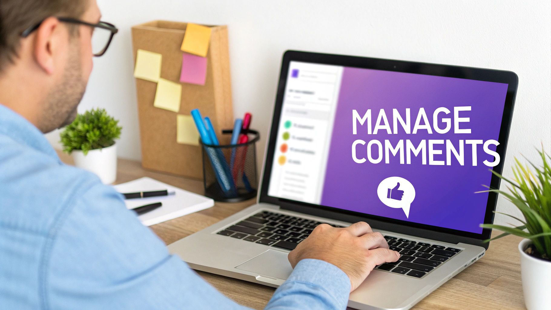 Professional managing social media comments on laptop screen with thumbs up icon displayed