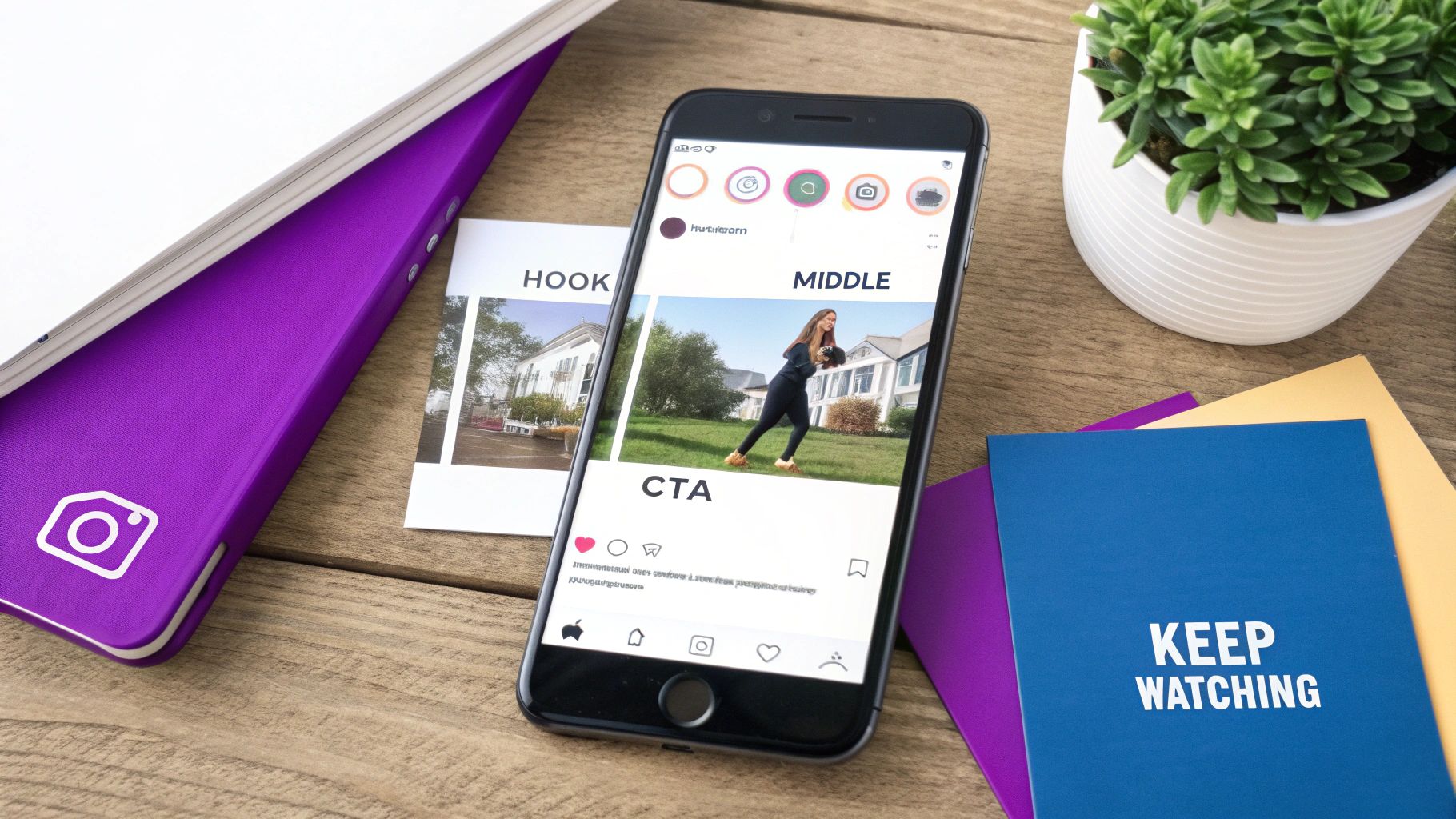 A person creating a compelling Instagram Story on their phone with various design elements