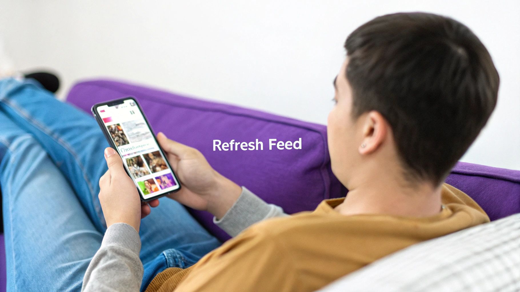 A person scrolling on a smartphone, looking thoughtful and slightly bored with the content.