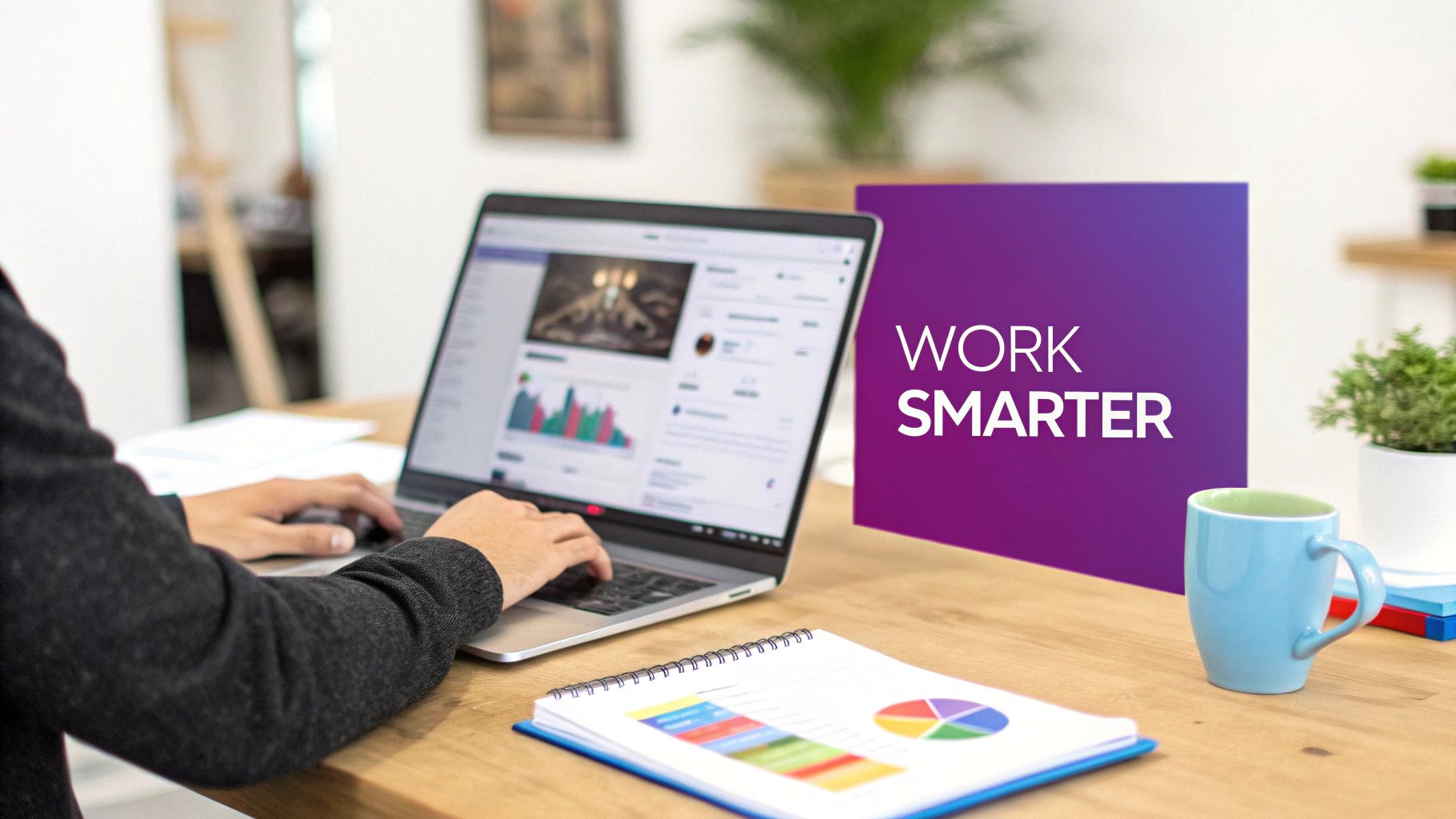 A person using a phone to manage their Instagram account, with charts and graphs in the background.