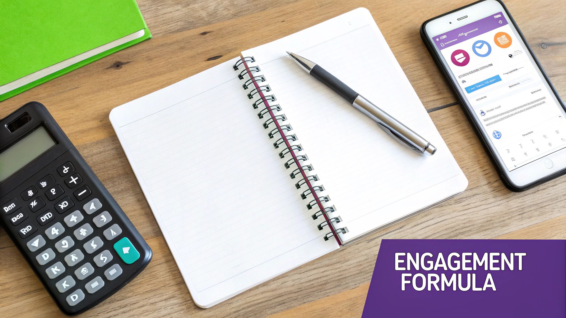 Eine Person benutzt einen Taschenrechner und macht sich Notizen auf einem Notizblock, während im Hintergrund Symbole sozialer Medien zu sehen sind.