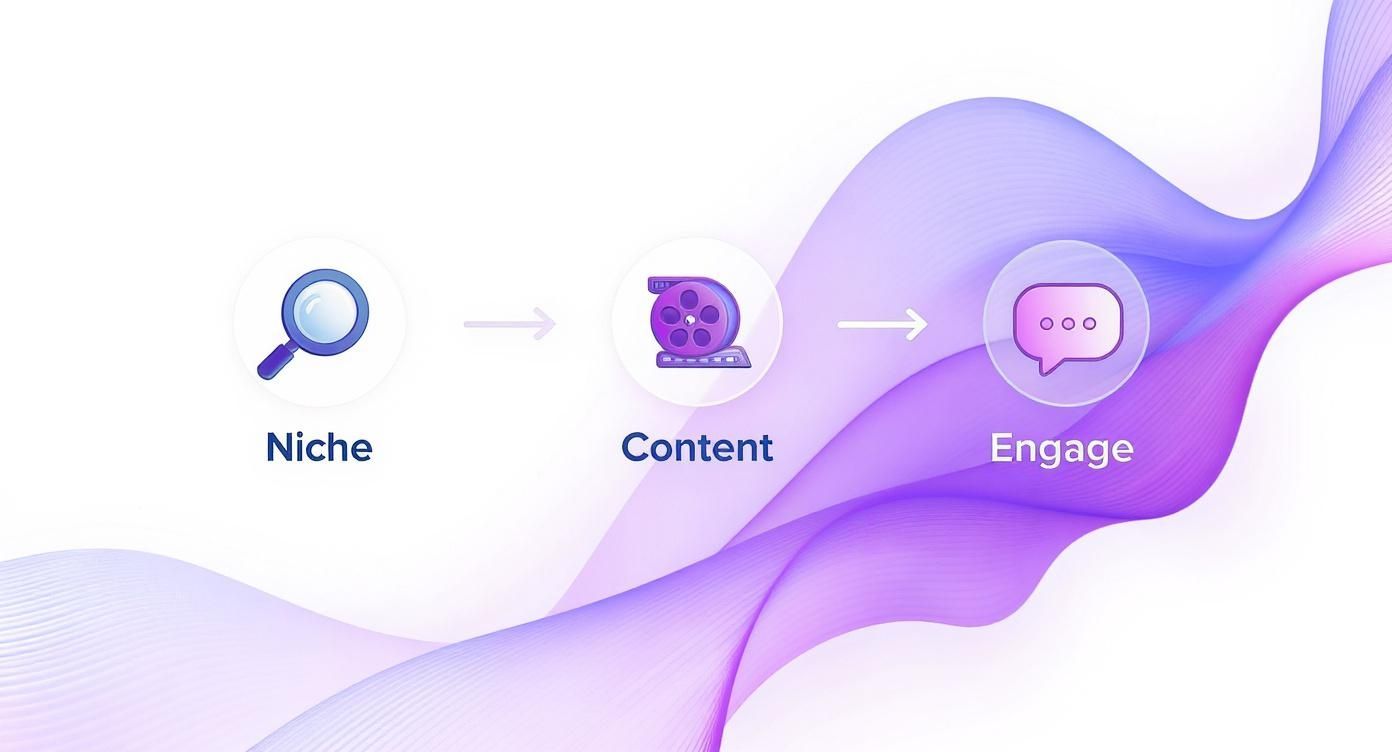 A three-step process diagram: Niche (magnifying glass), Content (film reel), and Engage (chat bubble).