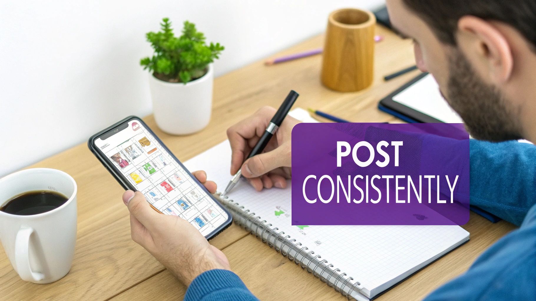 A man planning social media content, looking at his phone and writing in a notebook with 'POST CONSISTENTLY' text overlay.