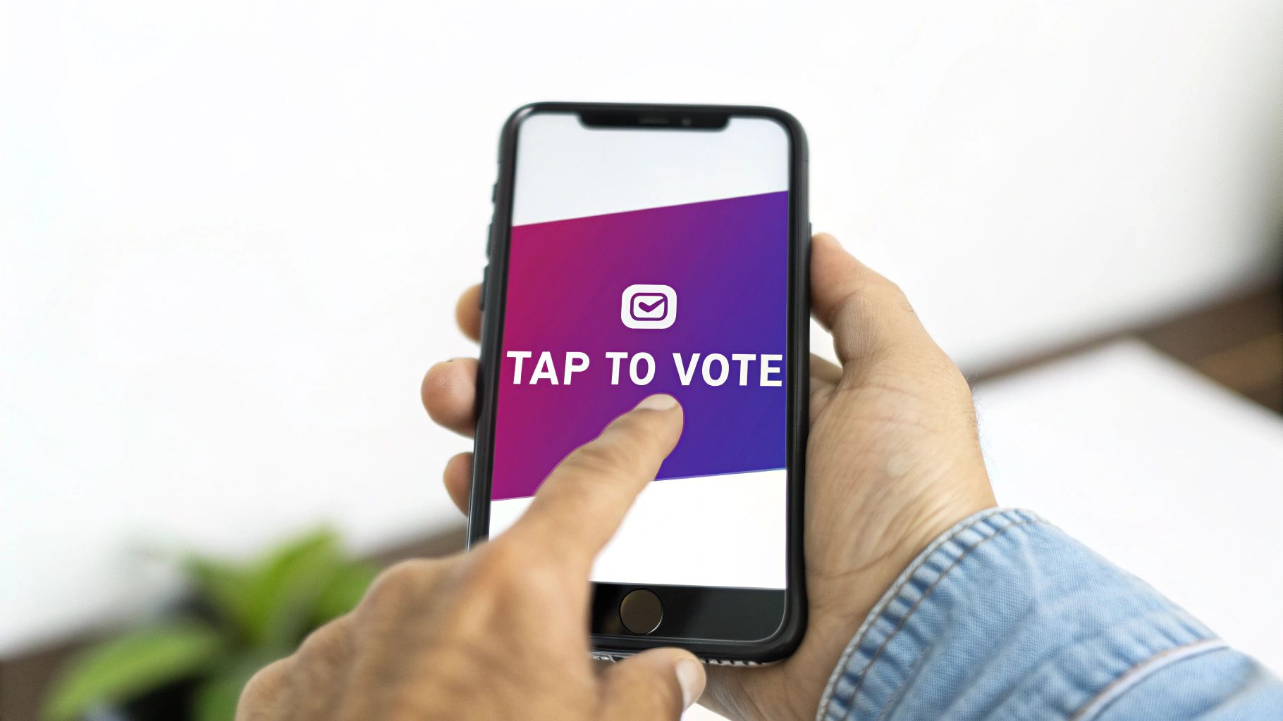 Person holding smartphone with tap to vote button on purple gradient screen for engagement
