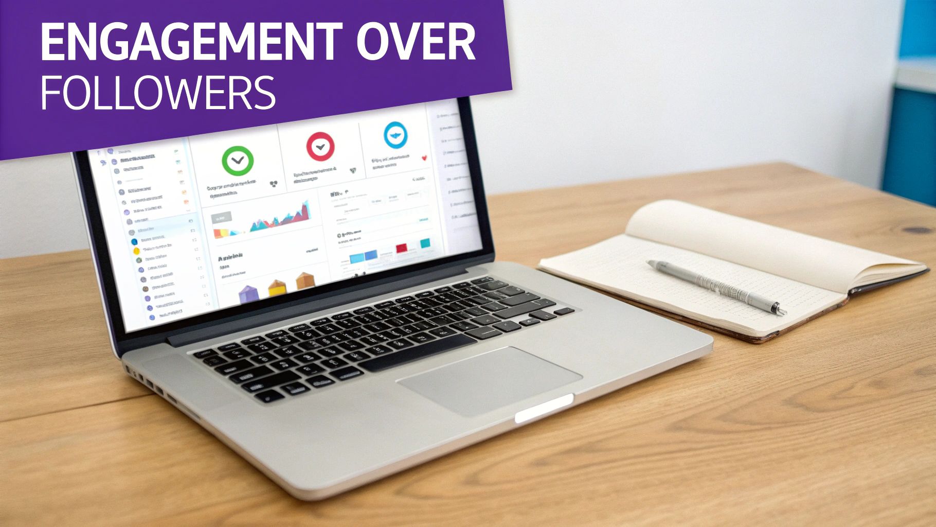 Laptop displaying an analytics dashboard with charts and graphs, an open notebook, and pen on a wooden desk. Banner reads 'Engagement Over Followers'.