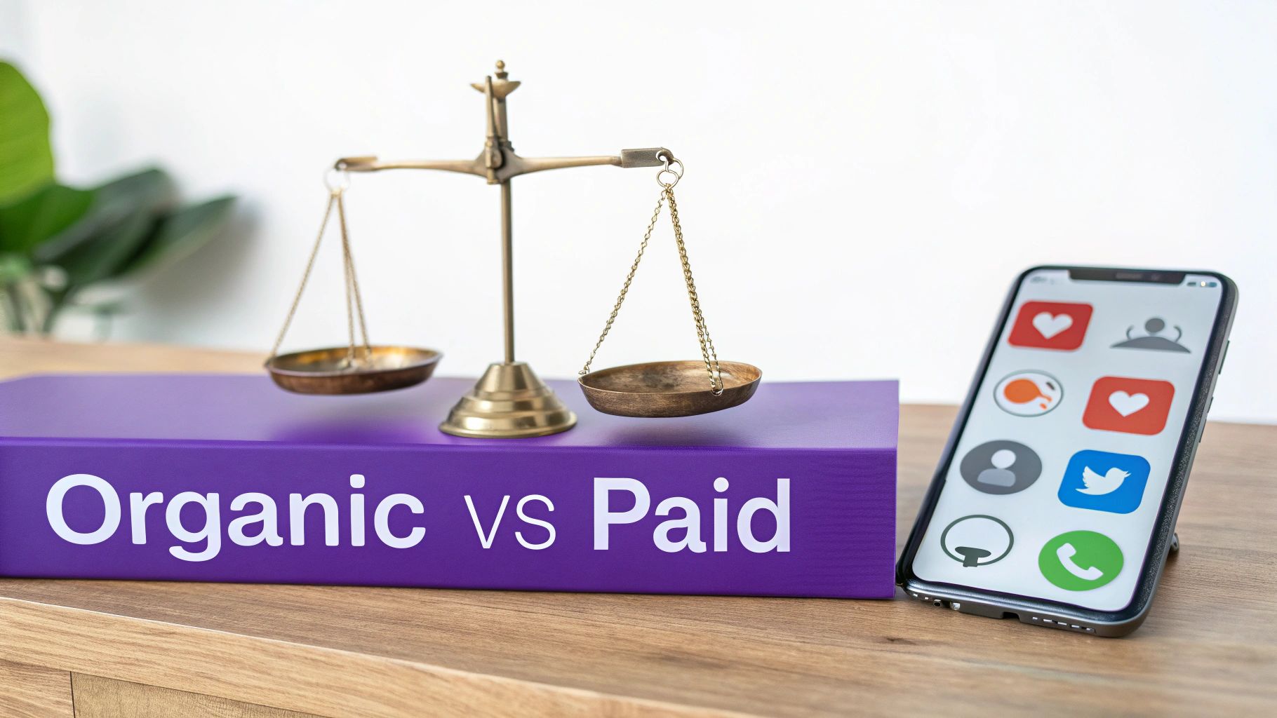 A balance scale on a purple book titled "Organic vs Paid," next to a smartphone displaying social media apps.